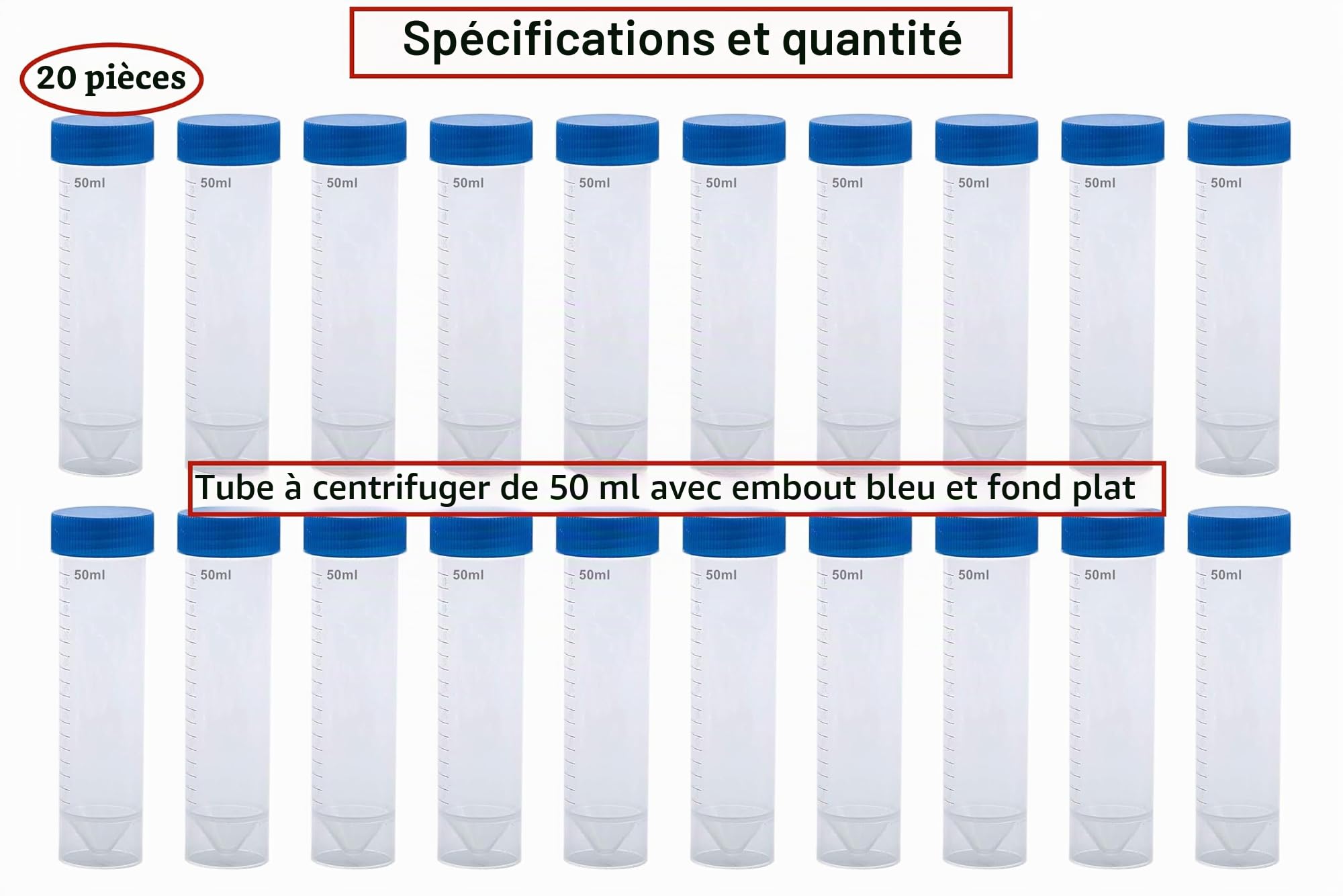50 ML bleu Tube a Essai Plastique Tube,Tubes à Essai Gradués,Tube à Échantillons avec Bouchon à Vis,Cryotubes En Plastique Laboratoire Tube Centrifugeuse Fond Plat 20 Pièces