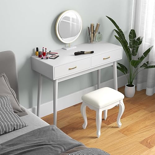 Miniatura 5 de Escritorio pequeño blanco con cajones, escritorio blanco de 40 pulgadas para dormitorio, escritorio de tocador con 4 patas sólidas, escritorio de