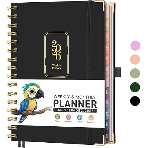 RETTACY 2026 Planner, Weekly and Monthly, Medium Size (5.7" x 8.3"), Jan - Dec 2026, Agenda, Calendar, 12 Month Tabs, Hardcover, 100 GSM Thick Paper, Spiral-bound (Black)