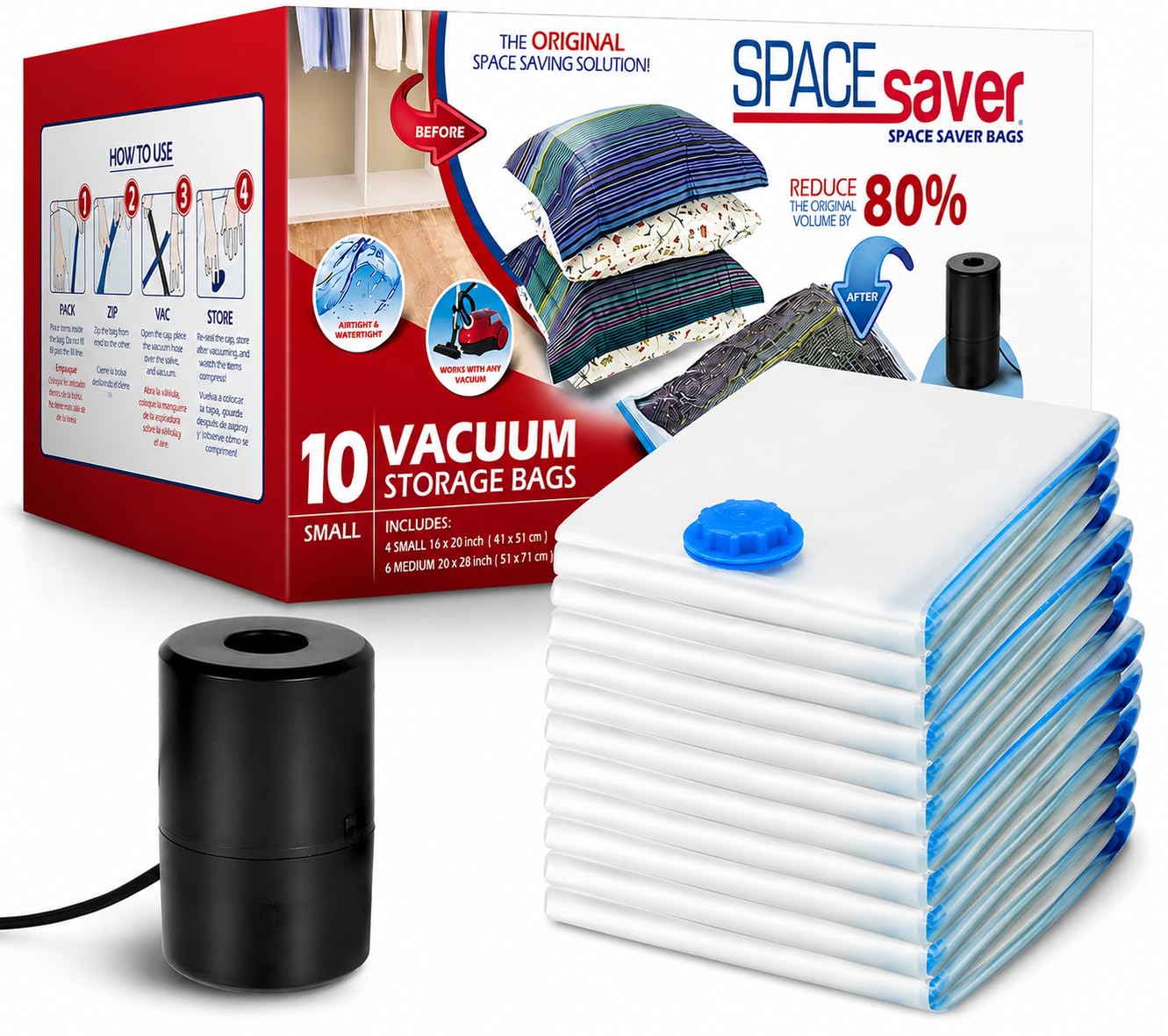Spacesaver Paquete de 10 bolsas pequeñas de almacenamiento al vacío para edredones, mantas y ropa, bolsas de compresión con bomba eléctrica, bolsas de ahorro de espacio para ropa de cama, mudanzas