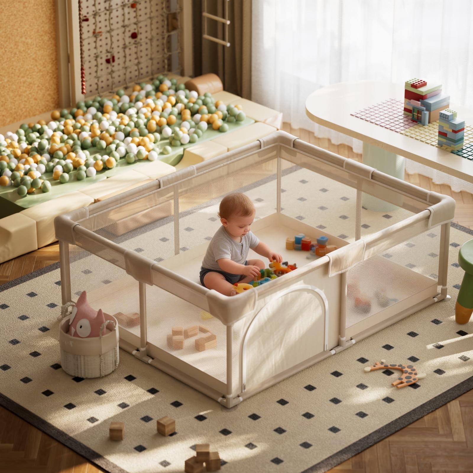 Koonmi Großes Laufstall Baby 150x180 cm Faltbarer Laufgitter mit atmungsaktivem Netz, Stoff & Saugnäpfen – für Babys & Kleinkinder, zusammenklappbarer Spielkäfig für Innen und Außen – Beige