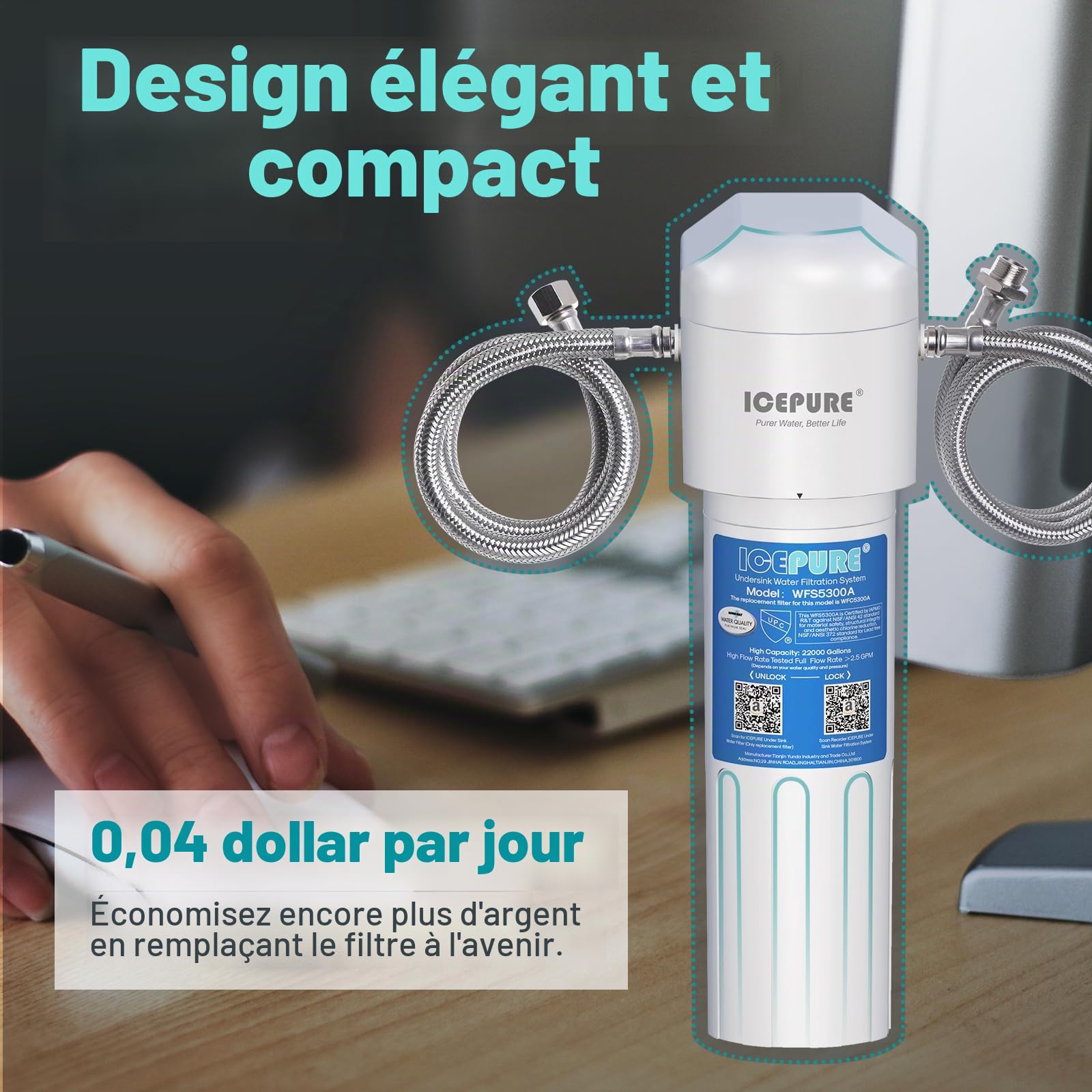 ICEPURE Système de traitement de l'eau sous évier - le raccordement direct élimine 99,99% du chlore, la grande capacité de réduction du chlore de 𝟮𝟮𝟬𝟬𝟬 gallons améliore le goût et l'odeur