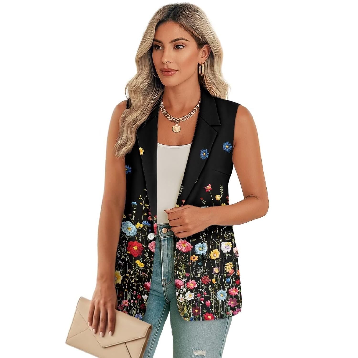 Biyejit Suit Vest for Women Tank Tops Sleeveless Button Open Front Waistcoat Vests with Pockets for Business Work