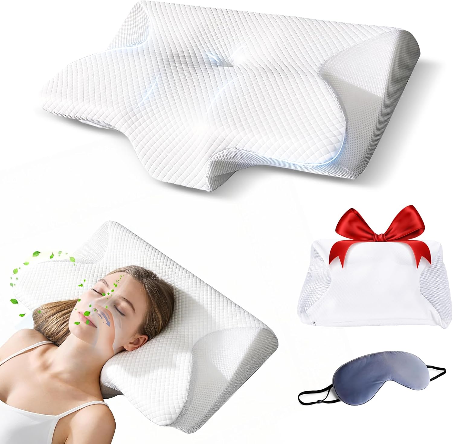 Cervical Neck Pillow for Sleeping Ergonomic Sleep Apnea Pillow with Memory Foam Pillows for Neck Pain Relief with Two Pillowcase (White)