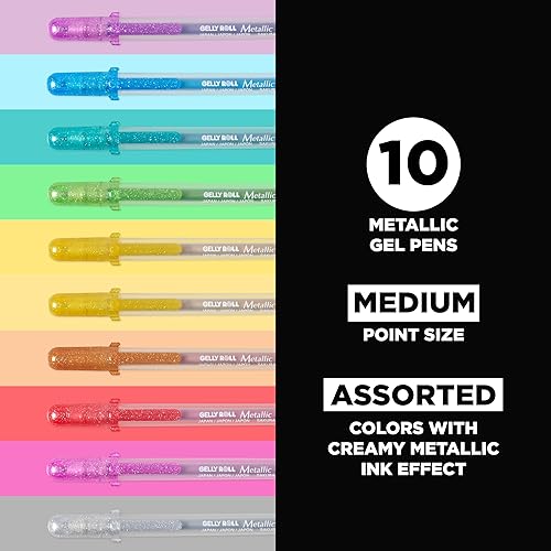 SAKURA Gelly Roll Metallic Gel Pens - Pens for Scrapbook, Journals or Drawing - Art Gifts, DIY Projects - Colored Metallic Ink - Medium Line - 10 Pack(Multi Colored Metallic,1 Count (Pack of 10),Gelly Roll)