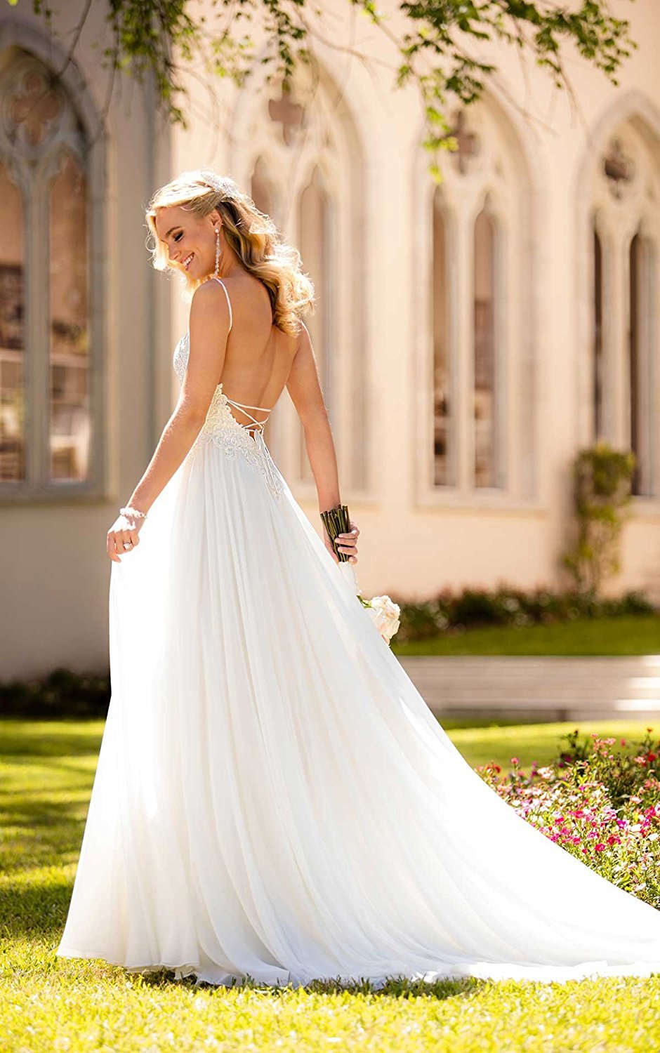 Elegantes Chiffon-Brautkleid mit Spaghettiträgern und Spitze, langes Abendkleid, Elfenbein, Größe 40/46