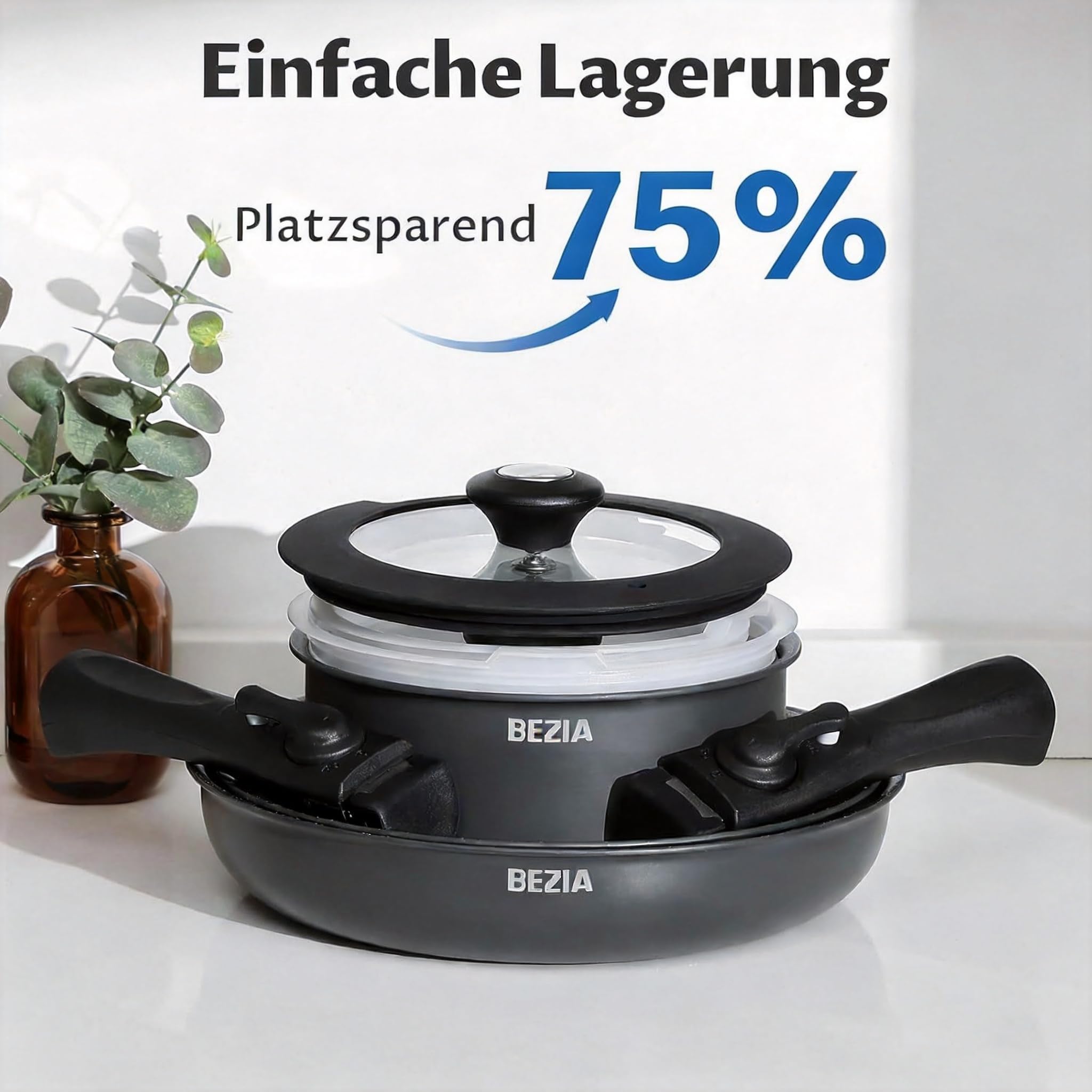 BEZIA Topfset mit Abnehmbarem Griff, 10-tlg Töpfe & Pfannen Set für Camping | Stapelbares Topf- & Pfannenset für kompakte Küchen, alle Herde inkl. Induktion, PFAS-freies Kochgeschirr, Ofenfest bis 230°C