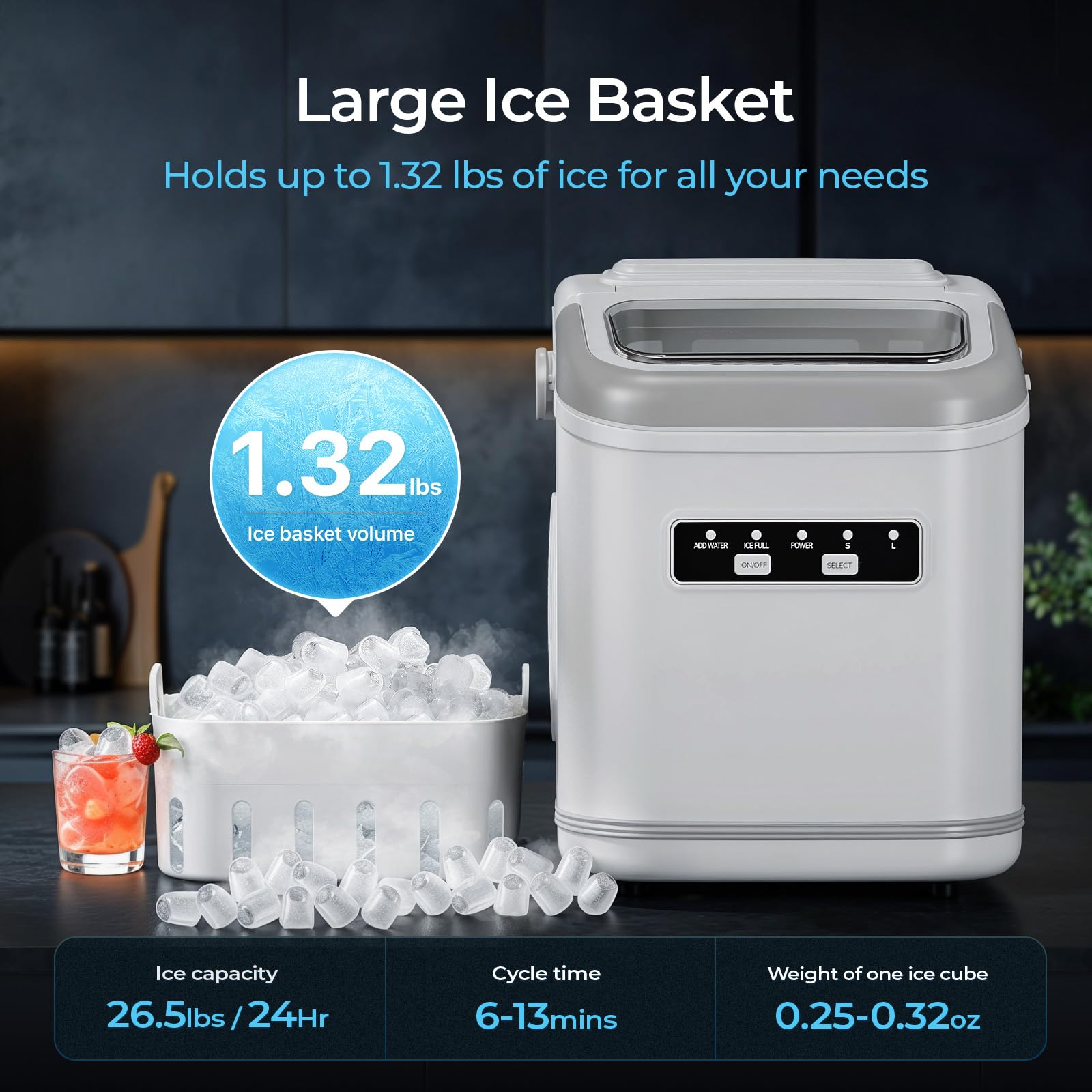 Free Village Ice Makers Countertop, 9 Ice Cubes In 6 Mins, 26.5lbs/24h, Ice Machine Maker Countertop With Self-Cleaning, Ice Scoop & Basket, Portable Ice Maker For Home Kitchen Office Bar Party, White on Fridge.com - View 5