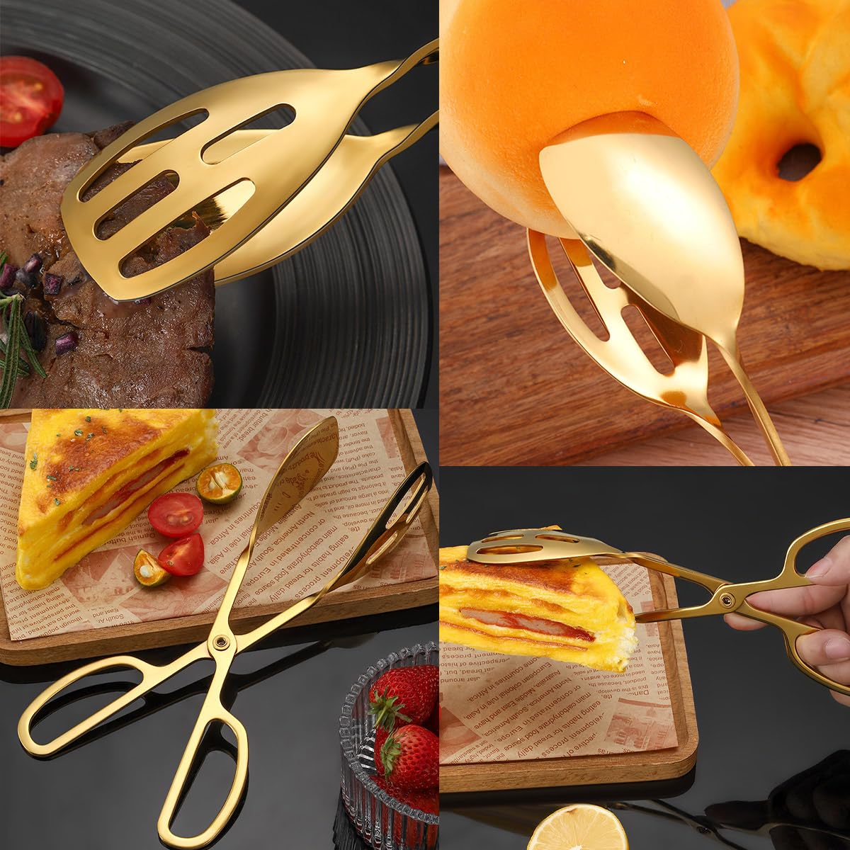 Lot de 2 pinces à salade en acier inoxydable de 25,4 cm pour cuisine, service et restauration, ustensiles pour steak, barbecue, buffet (doré)