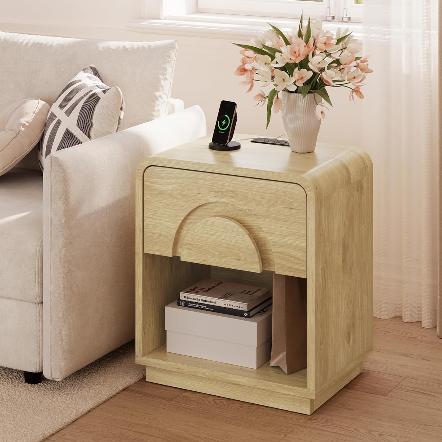 Bestier 23.6" Small Nightstand with Charging Station, Farmhouse Arched & Curved Night Stand, Mid Century Modern Bedside Table with Drawer & Open Shelf, Wood Bed Side End Table for Bedroom, Natural