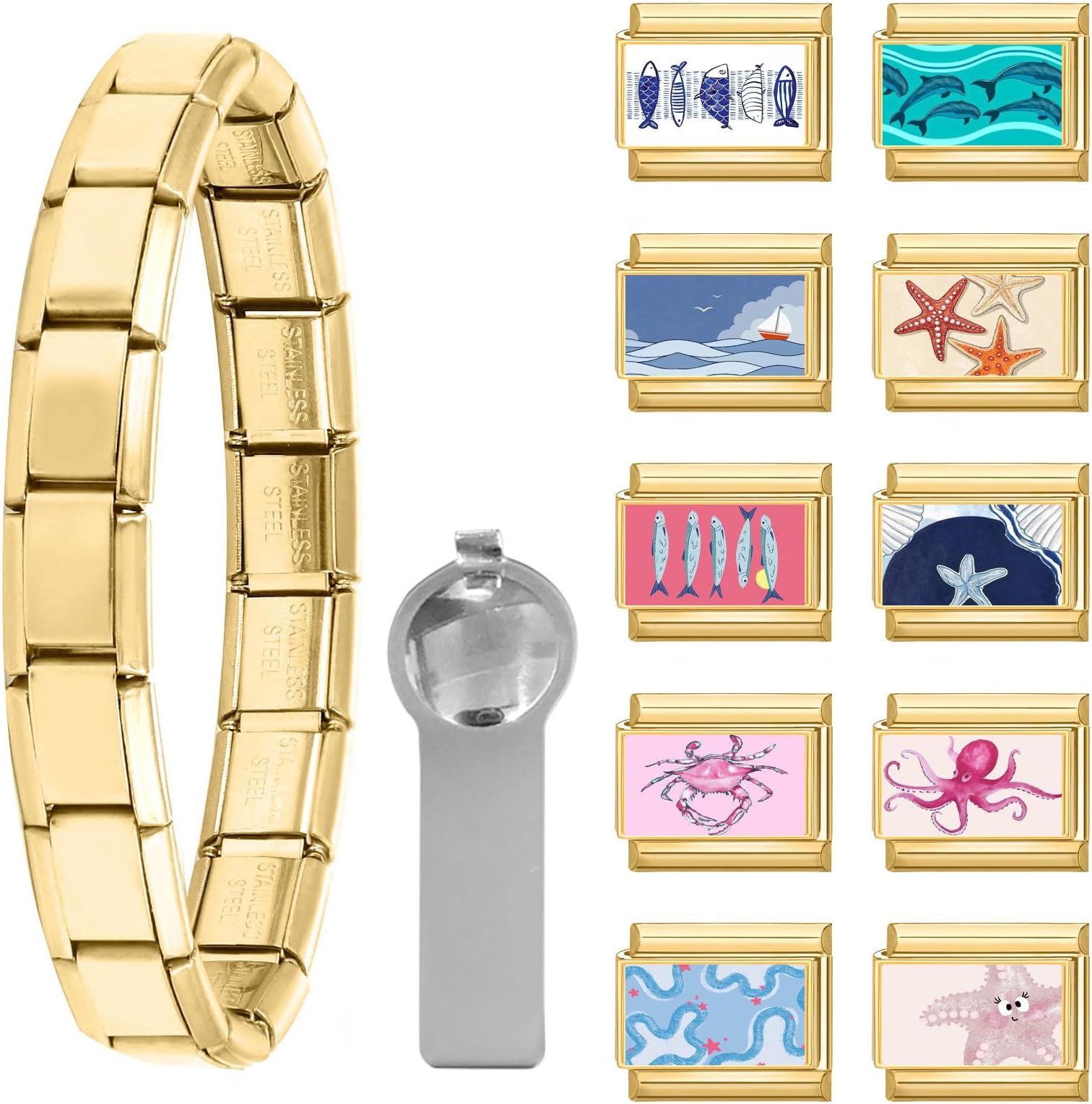 Italian Charm Bracelet Charms Gold Silver Set with 1pc Starter Brascelet, 10pcs Assorted Italian Charms for Bracelets and 1pc Opening Tool, 9mm Modular Italian Charm Bulk Pack Links Handmade