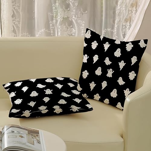 Miniatura 6 de AGAYNA Juego de 2 fundas de almohada de Halloween de 18 x 18 pulgadas, decoración de fantasmas blancos y negros, para sofá, interiores y exteriores,