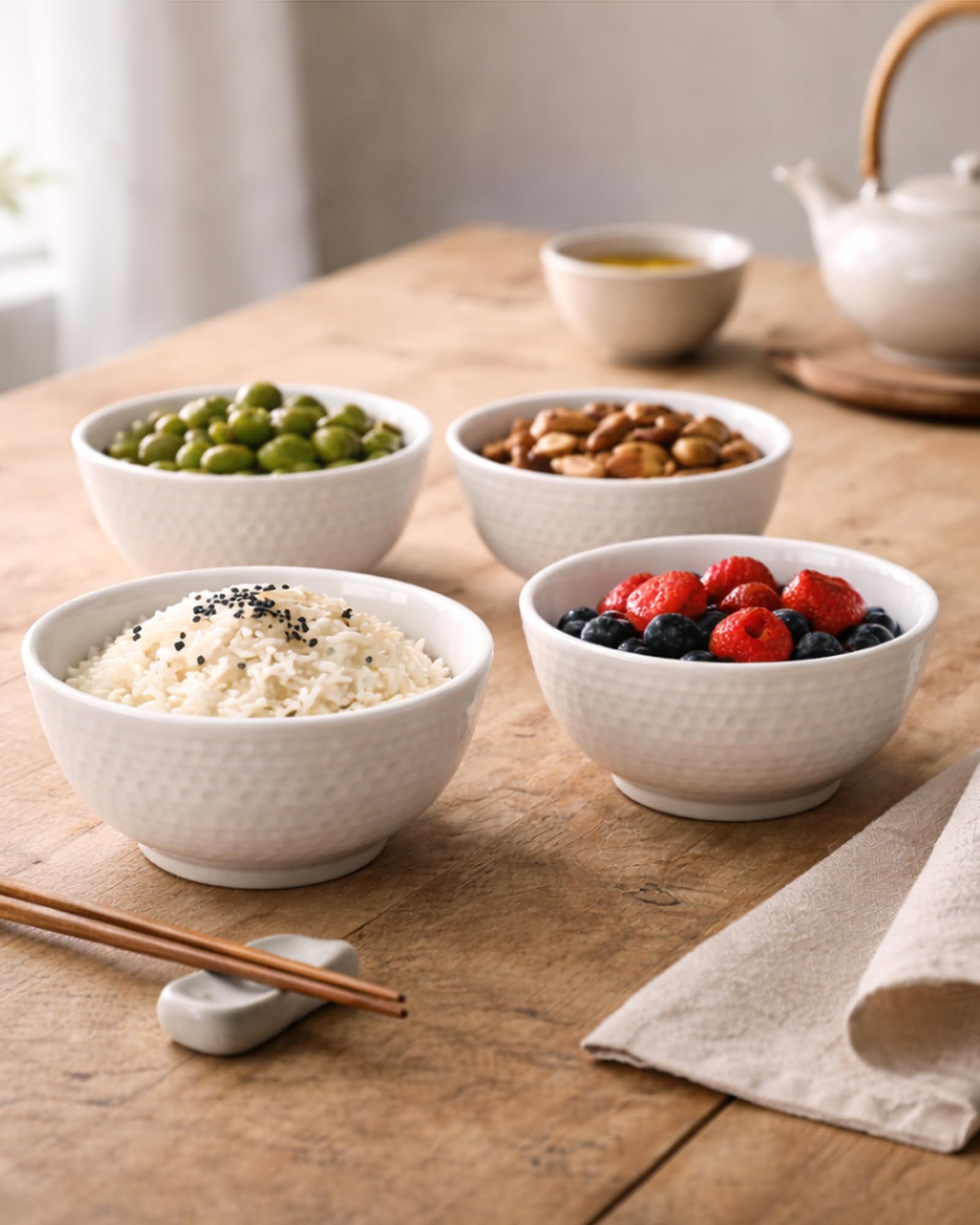 Homesake® Porcelain Small Bowls, 4.4 inch Honeycomb Texture Bowls for Ice Cream Yogurt Dessert Fruits 8 Ounce Bowl Set for Food Prep Rice Small Sid, (White Set of 6)