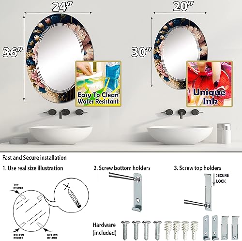 Miniatura 9 de DesignQ Burgundy and Blue Daisy Bunch I- Vanity Mirror, Bathroom Mirrors, Wall Mirrors for Living Room, Bedroom - Round Mirror - Large 24'x24',