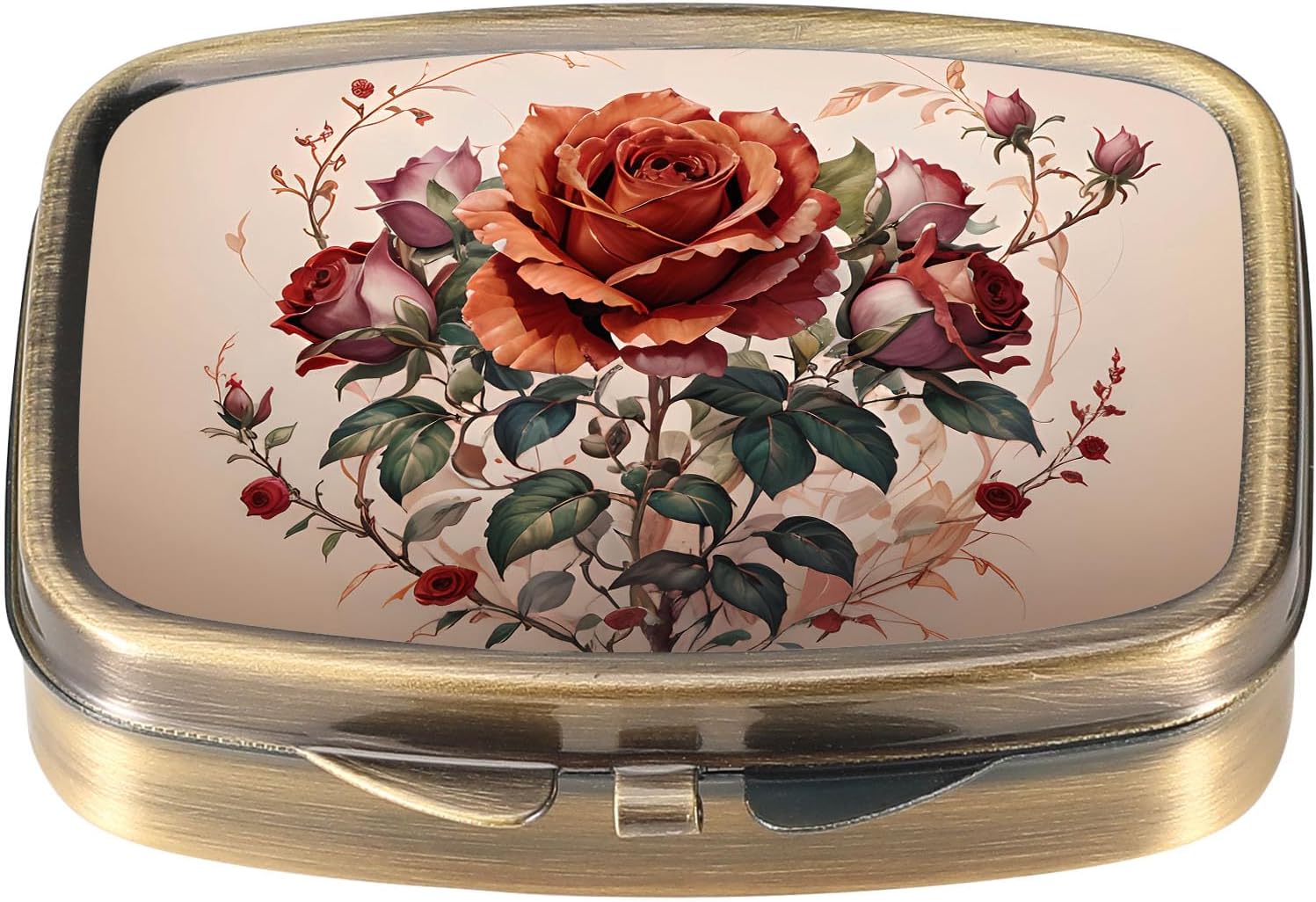 Pill Case Pill Box with Mirror Retro Pocket 2 Compartment Medicine Case Vitamin Pill Organizer for Pocket Purse and Travel Gifts - Flower 21