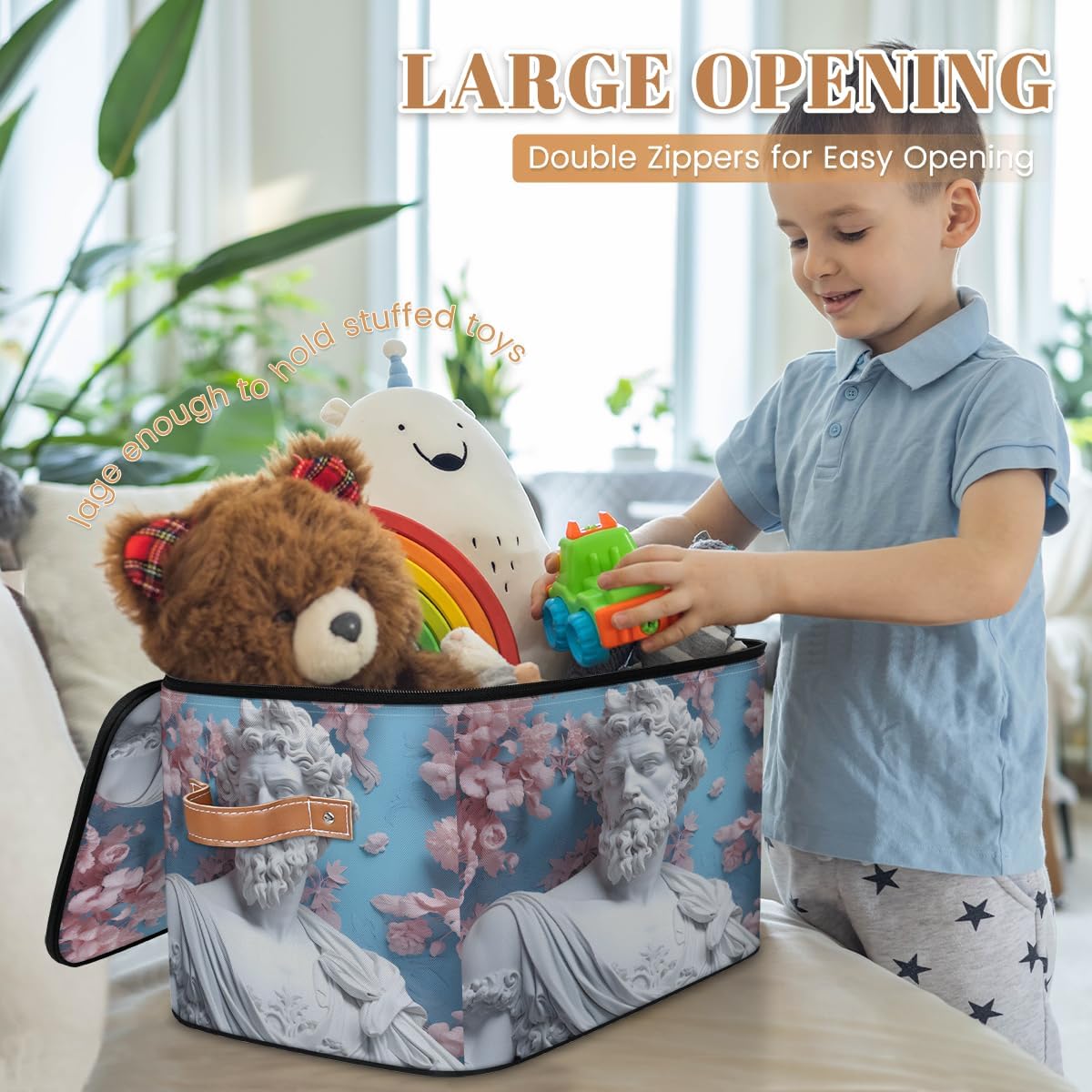 Storage Bin Set of 2 Art Man Statue Storage Basket with Zipper Lid & Handle Foldable Closet Shelf 2 Pack Cloth Organizer Basket Cube Bins Clothes Organizer for Nursery, Bedroom