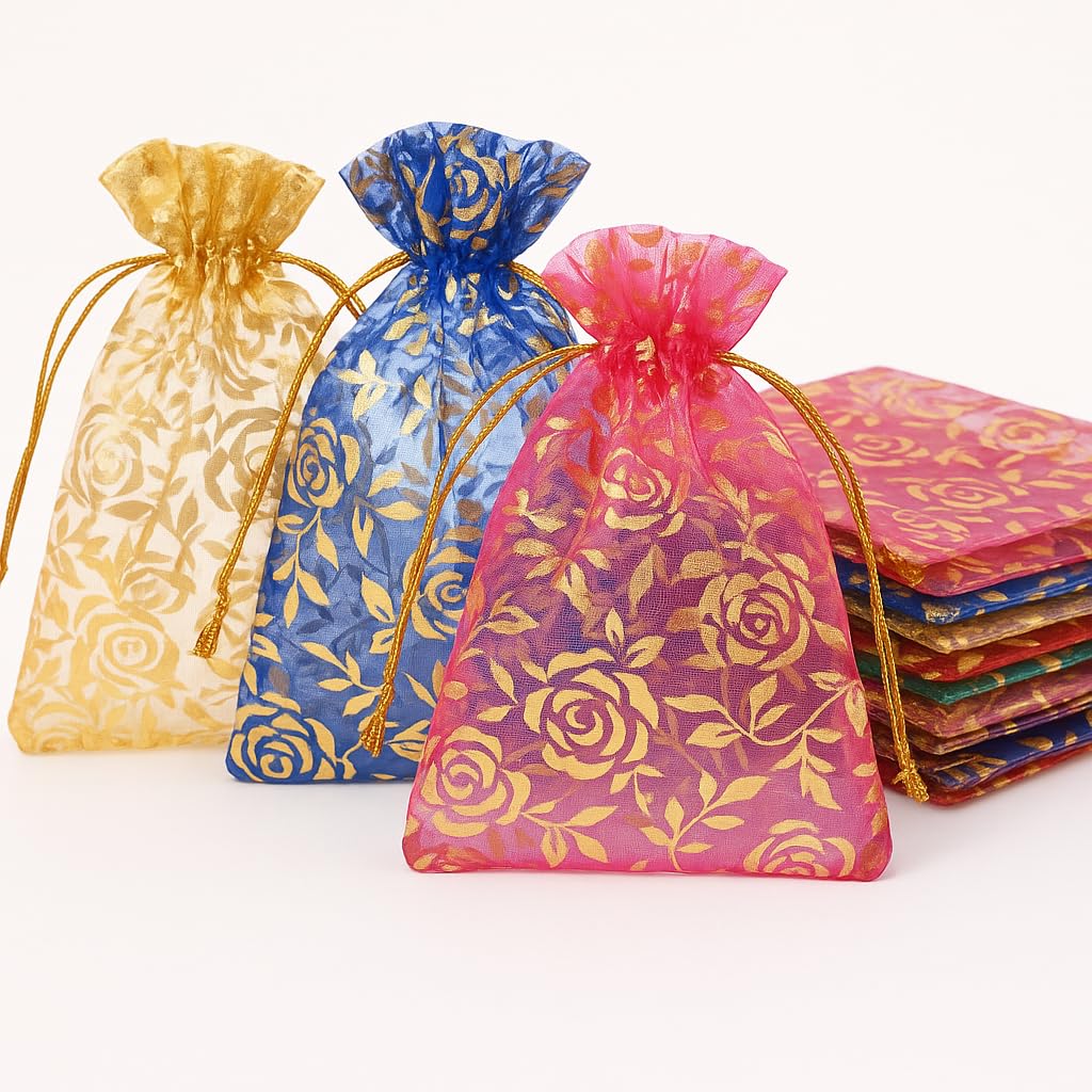 Polyester-Pack Of 25 (10X14 Cms) Organza Return Gift Packing Bags Potli|Pouch For Kids I Return Gift Pouch For Woman I Drawstring Pouches For Wedding Printed Organza Bag Multi Colour-image-11