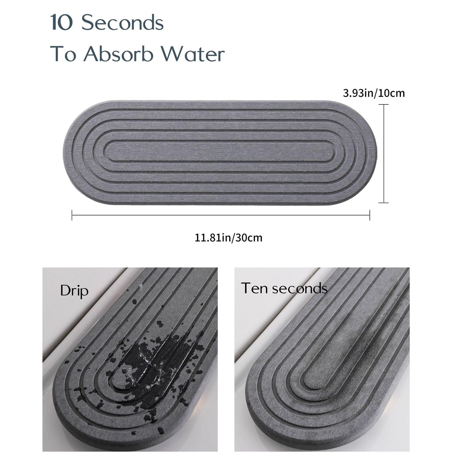 YWBL-WH Vassoio Asciugapiatti in Pietra, Tappetino Assorbente in Diatomite Ad Asciugatura Rapida con Piedini Antiscivolo in Legno, per Organizzare Saponi, Spugne (30x10 cm / 11,8x3,9 pollici)