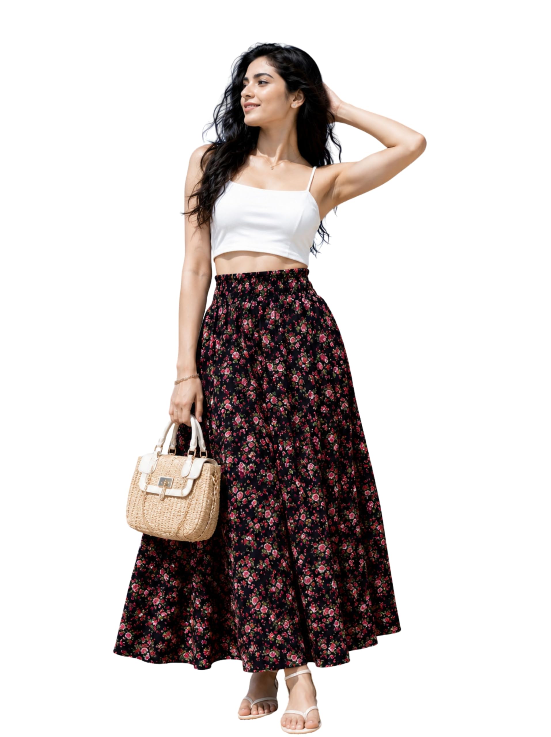 Floral Printed Flared Palazzo Skirt, Black, Maxi Length, Boho Style-picture-36