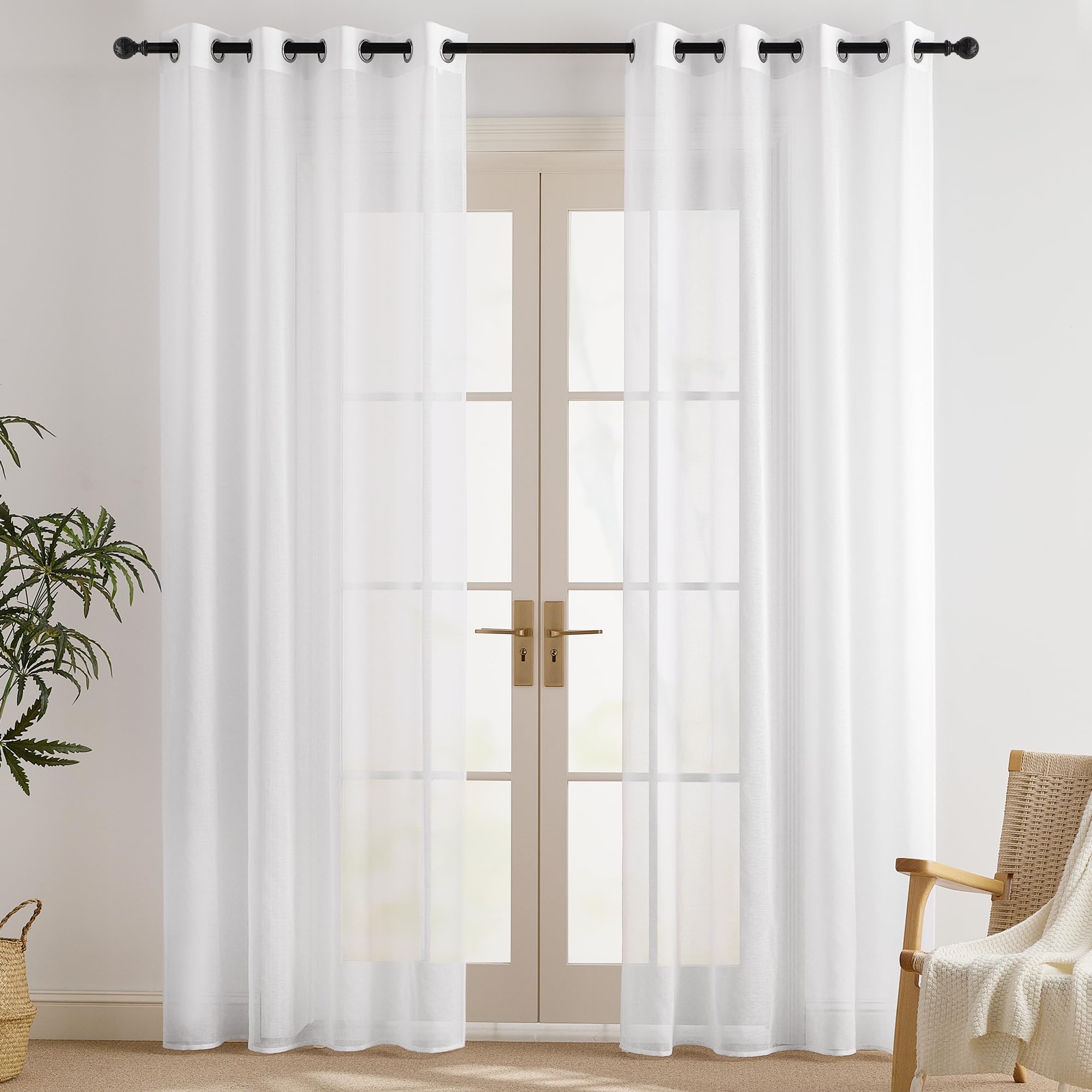 PONY DANCE Vorhang Weiß Transparent mit Ösen 200cm Hoch Voile Gardinen Wohnzimmer Modern Leinenoptik Vorhänge Weiss Durchlässig Ösenvorhang 2er Set H 200 x B 140 cm