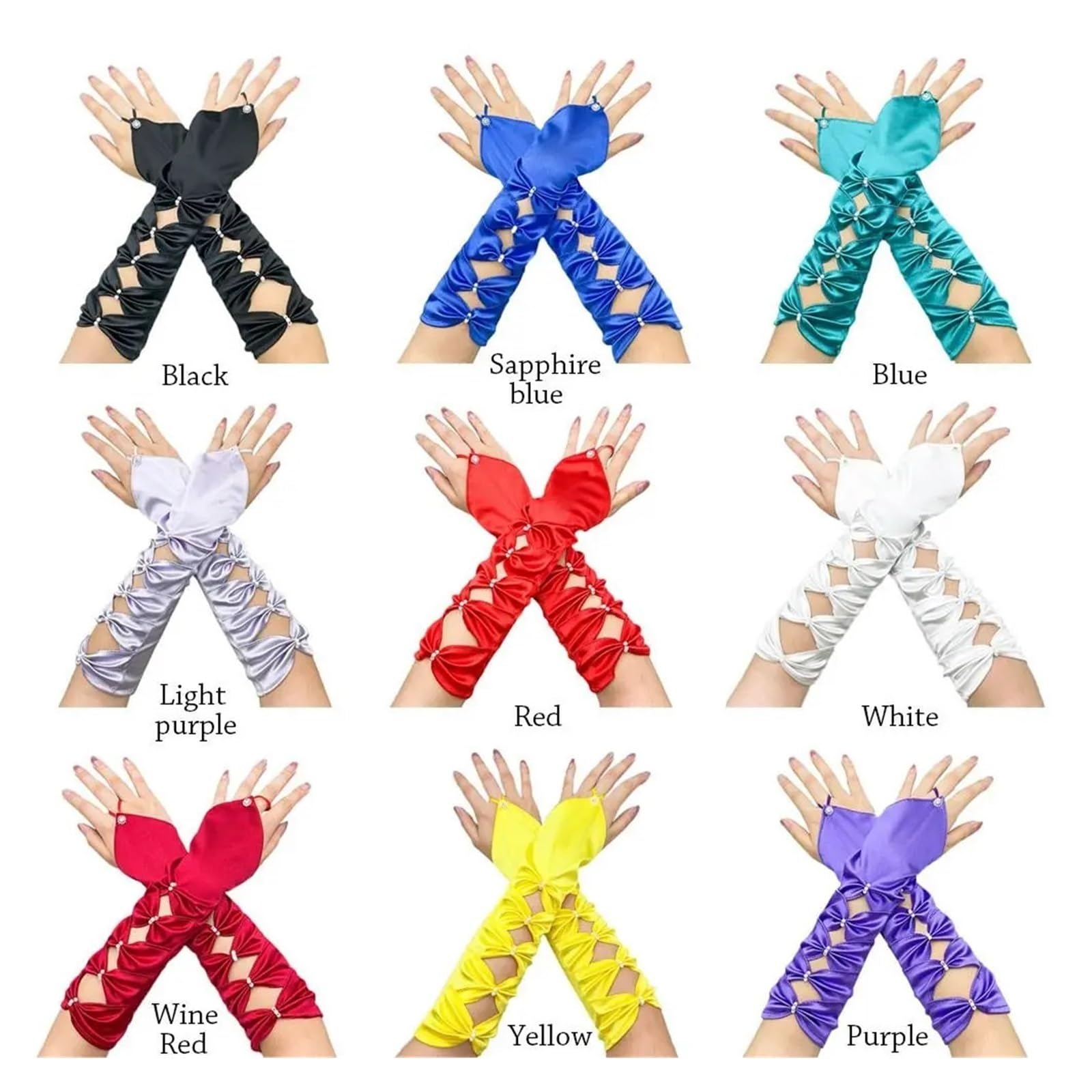 Guantes De SatéN Guantes de novia de boda elástico largo satén plisado Bowknot codo verde azulado guantes sin dedos fiesta de noche guantes de niña