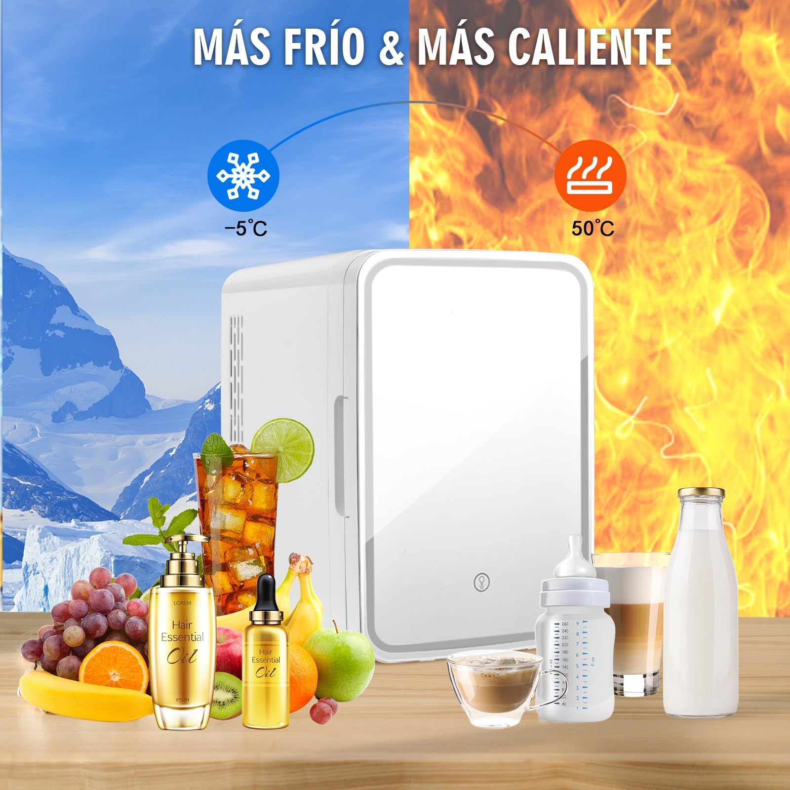 GOPLUS Mini Nevera para Maquillaje 10L de -5 a 50 ℃, Mini Refrigerador con Espejo LED, Refrigerador de Belleza con Modo Frío/Calor y Estantes Extraíbles para Refresco Cosmético, 23 x 28 x 34 cm