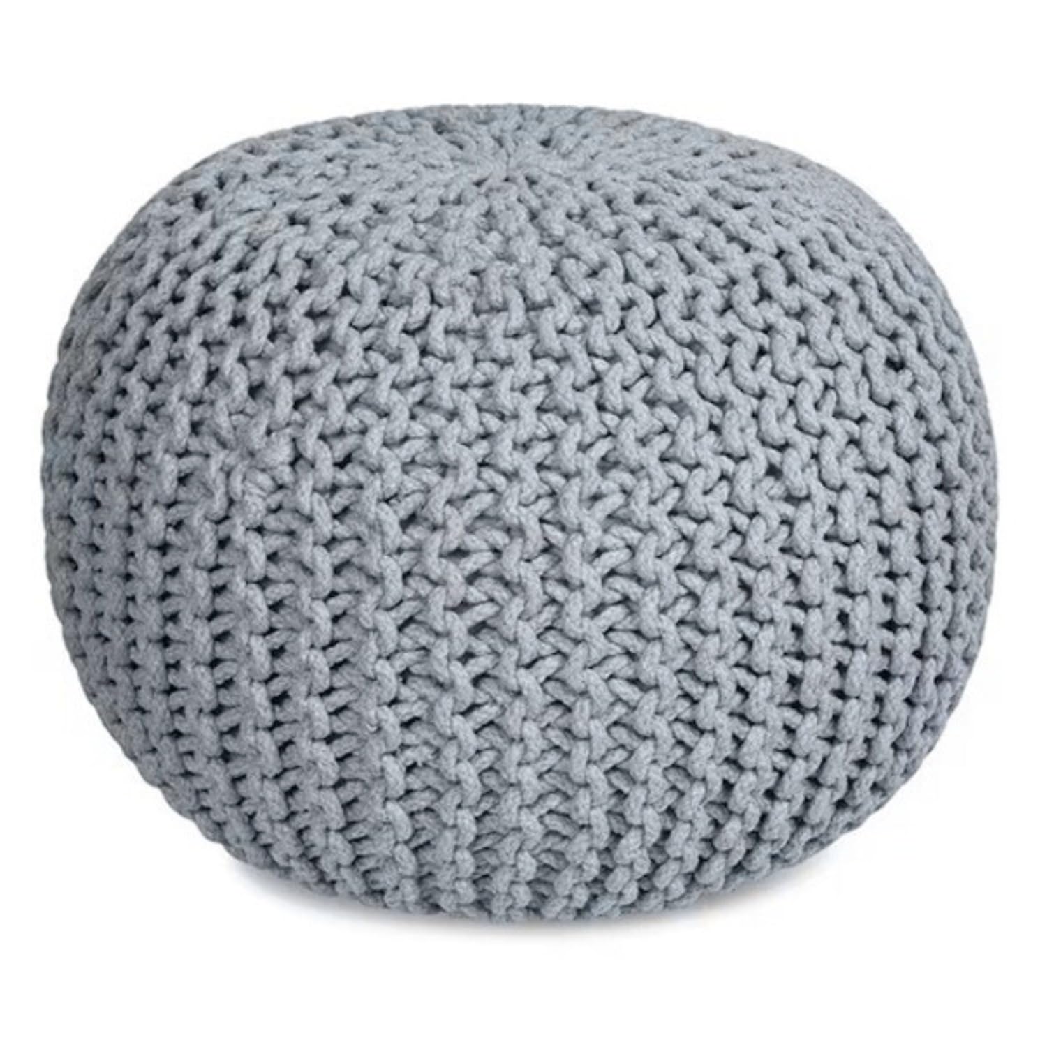 Crescent Textile Handmade Round Chunky Knitted Pouffe Footstool – Large 50x50x35cm Ottoman Pouffe in 100% Cotton Soft & Comfortable for Living Room, Footrest and Occasional Seating (Silver)