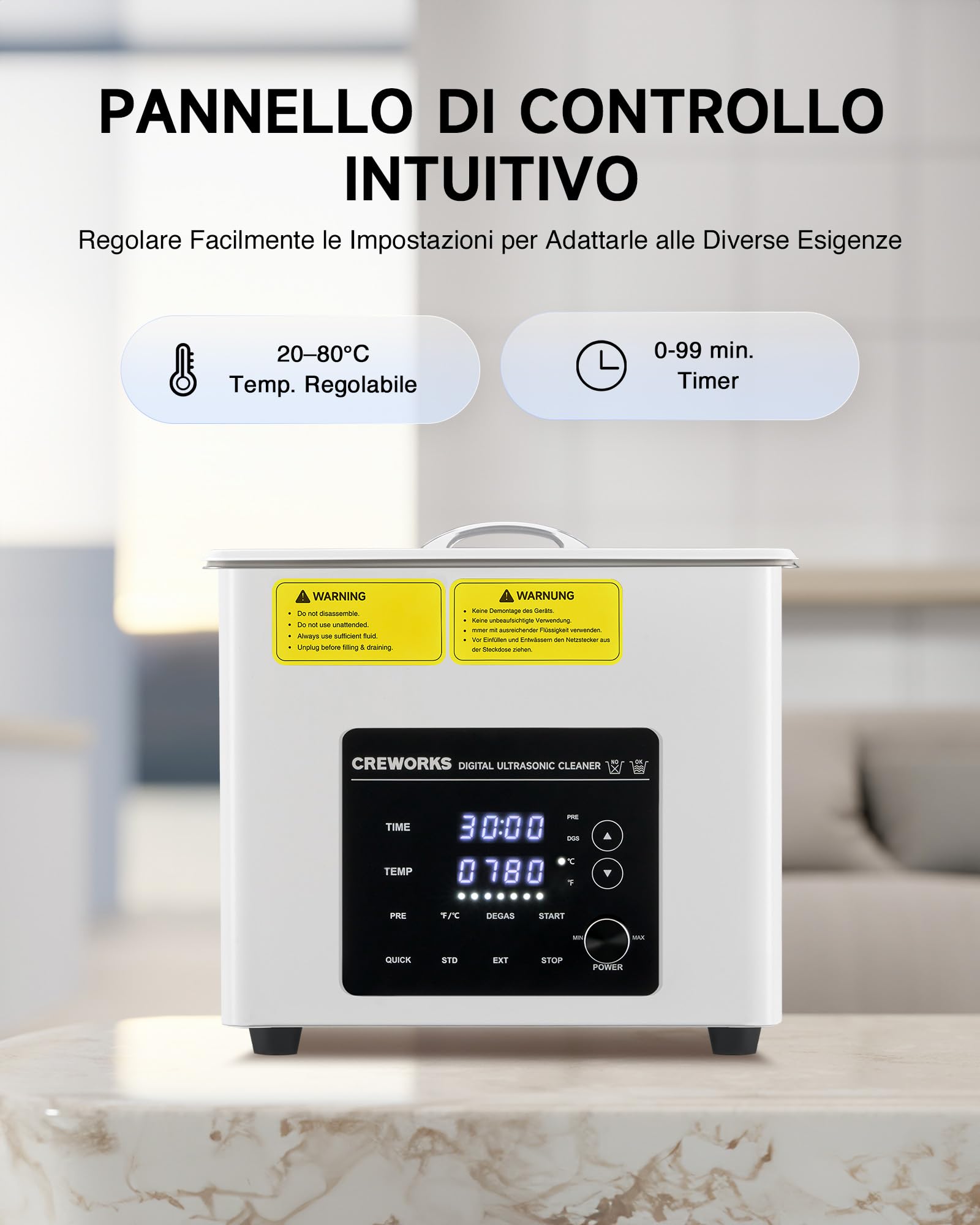 CREWORKS 3L Pulitore Ultrasuoni Digitale 120W Vasca Ultrasuoni con Modalità Degas e 7 Livelli di Oscillazione 3 Modalità 100W Riscaldatore e Timer per Orologi Occhiali Uso Domestico