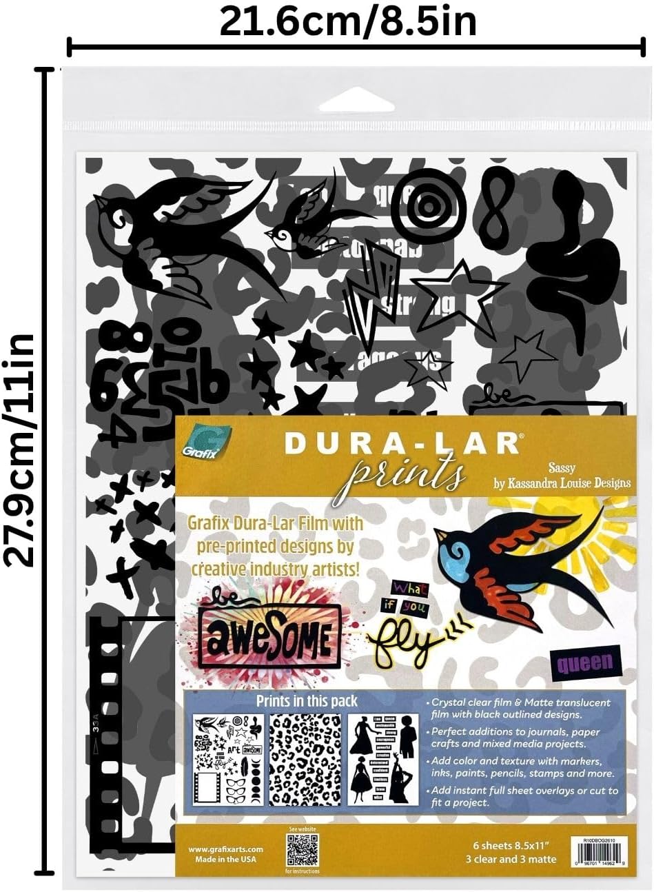 Grafix Dura-Lar Prints - Pre-Printed .005" Clear and Matte 8.5"x11" Films, Perfect Additions to Journals, Paper Crafts and Mixed Media Projects, Pack of 6 Sheets