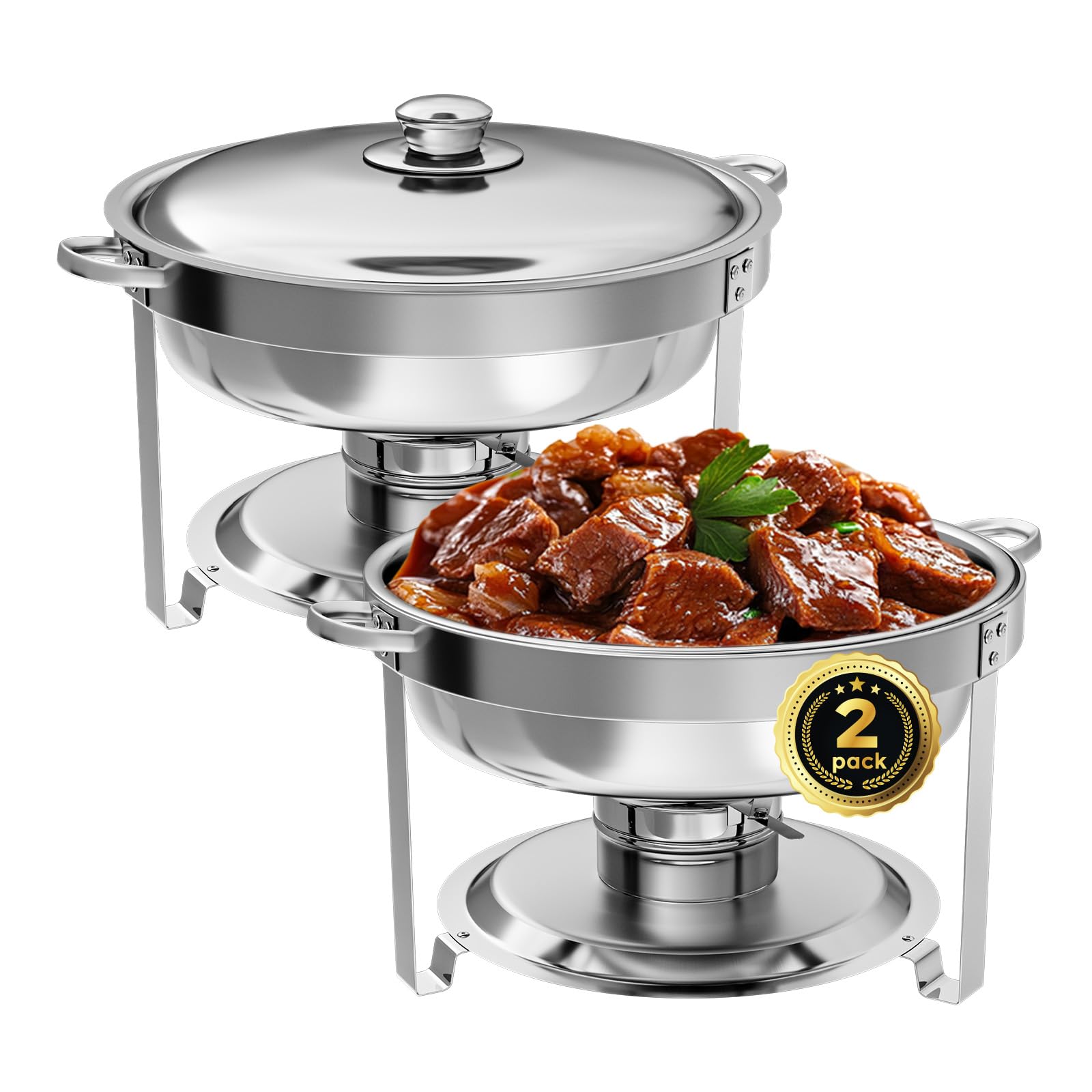 Chafing Dish Buffet Set of 2 Pack, 5QT Round Stainless Steel Chafer for Catering, Upgraded Chafers and Buffet Warmer Sets with Food & Water Pan, Lid, Frame, Fuel Holder for Event Party Holiday