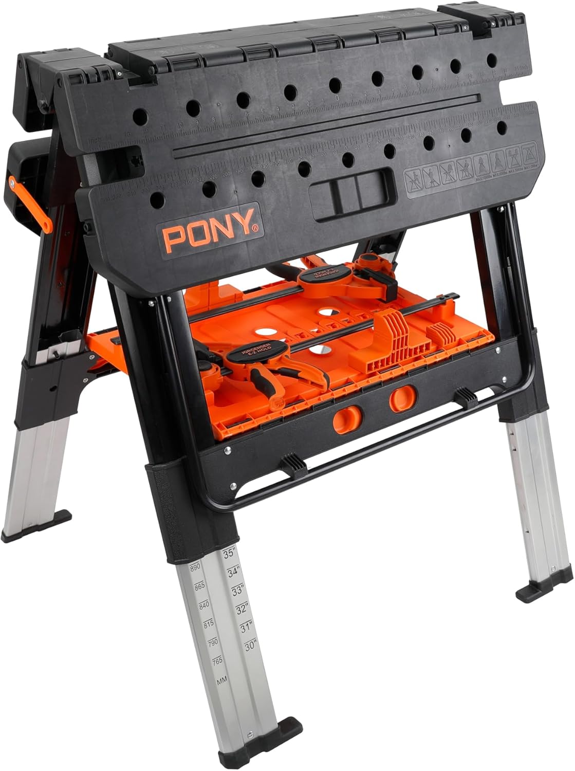 PONY Jorgensen 2-in-1 Heavy Duty Folding Worktable, Collapsible Portable Workbench and Sawhorse with Adjustable Height and 1000 lb Capacityfor Garage, Workshop, and Jobsite (60P)