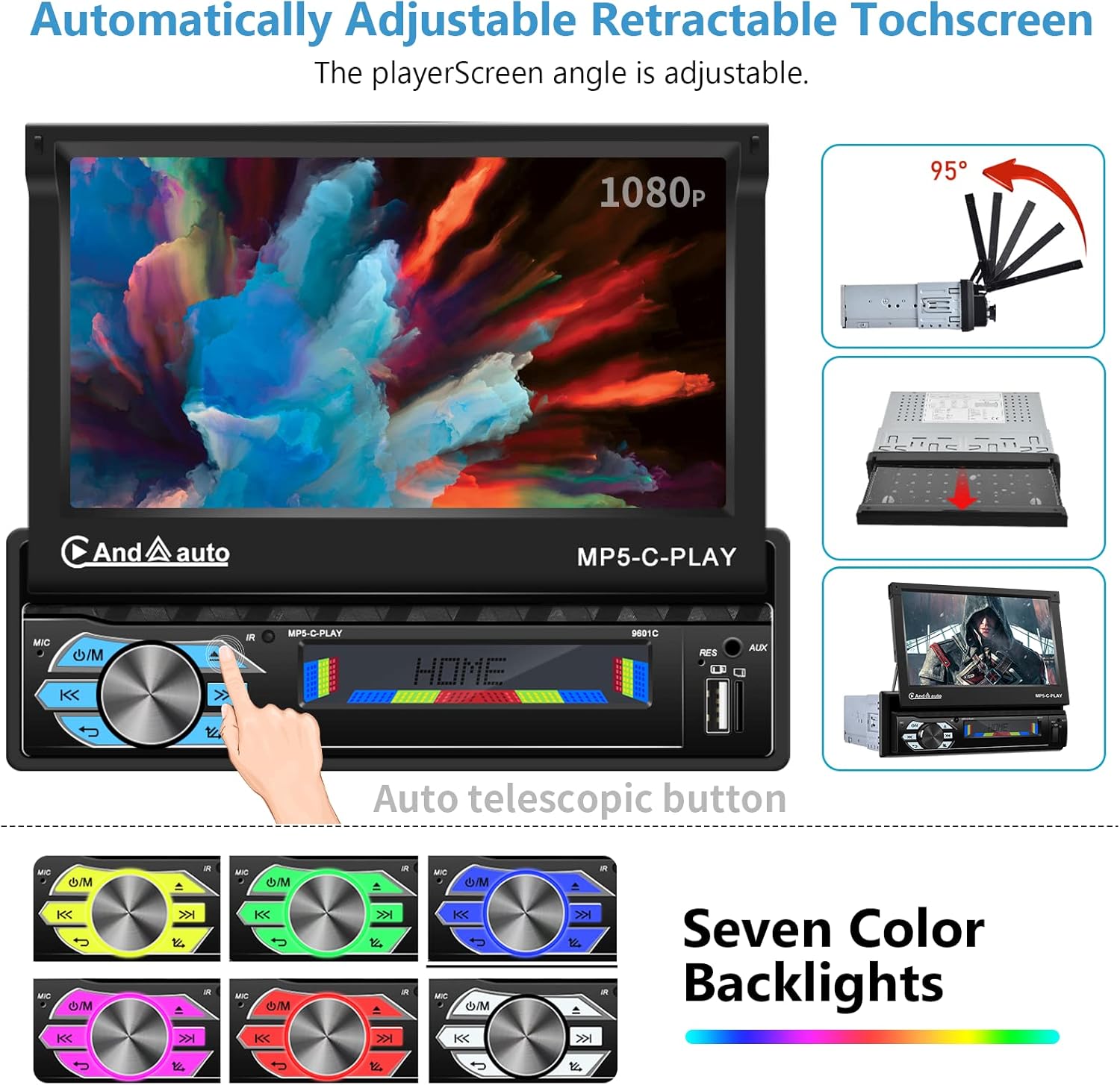 Image showing the automatic flip-out touchscreen and its adjustable angles, along with seven-color backlight options.