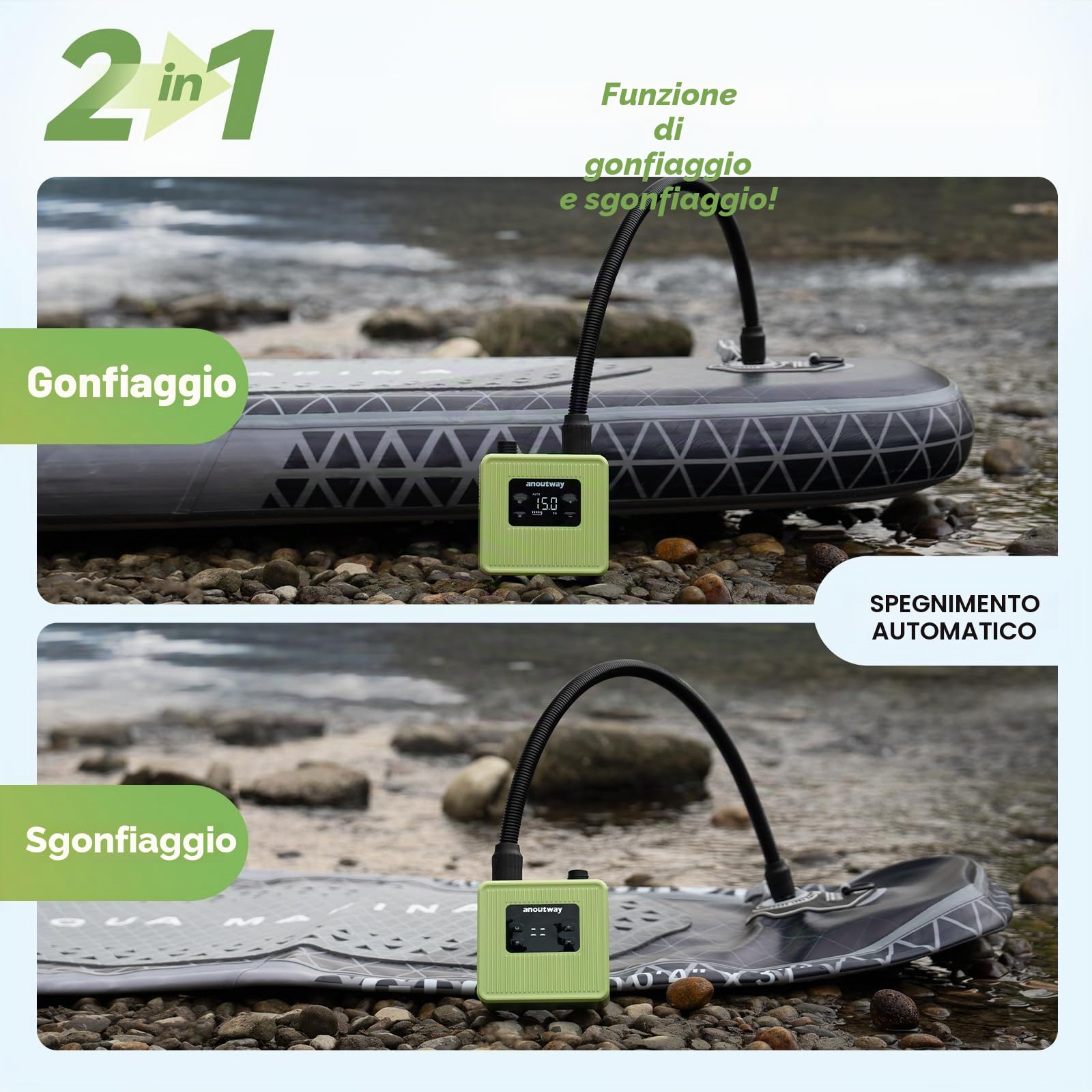 Tiny Pompa Elettrica SUP 20PSI Ricaricabile Gonfiaggio/Sgonfiaggio | Portatile Batteria Auto-off Pompa ad Aria per Tavole da Paddle, Kayak, Ali del Vento