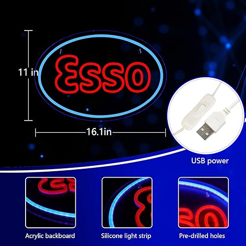 Miniatura 5 de WonderfulLife Esso - Letrero de neón para decoración de garaje, letreros LED para decoración de pared de cueva de bar, tienda de lubricación o