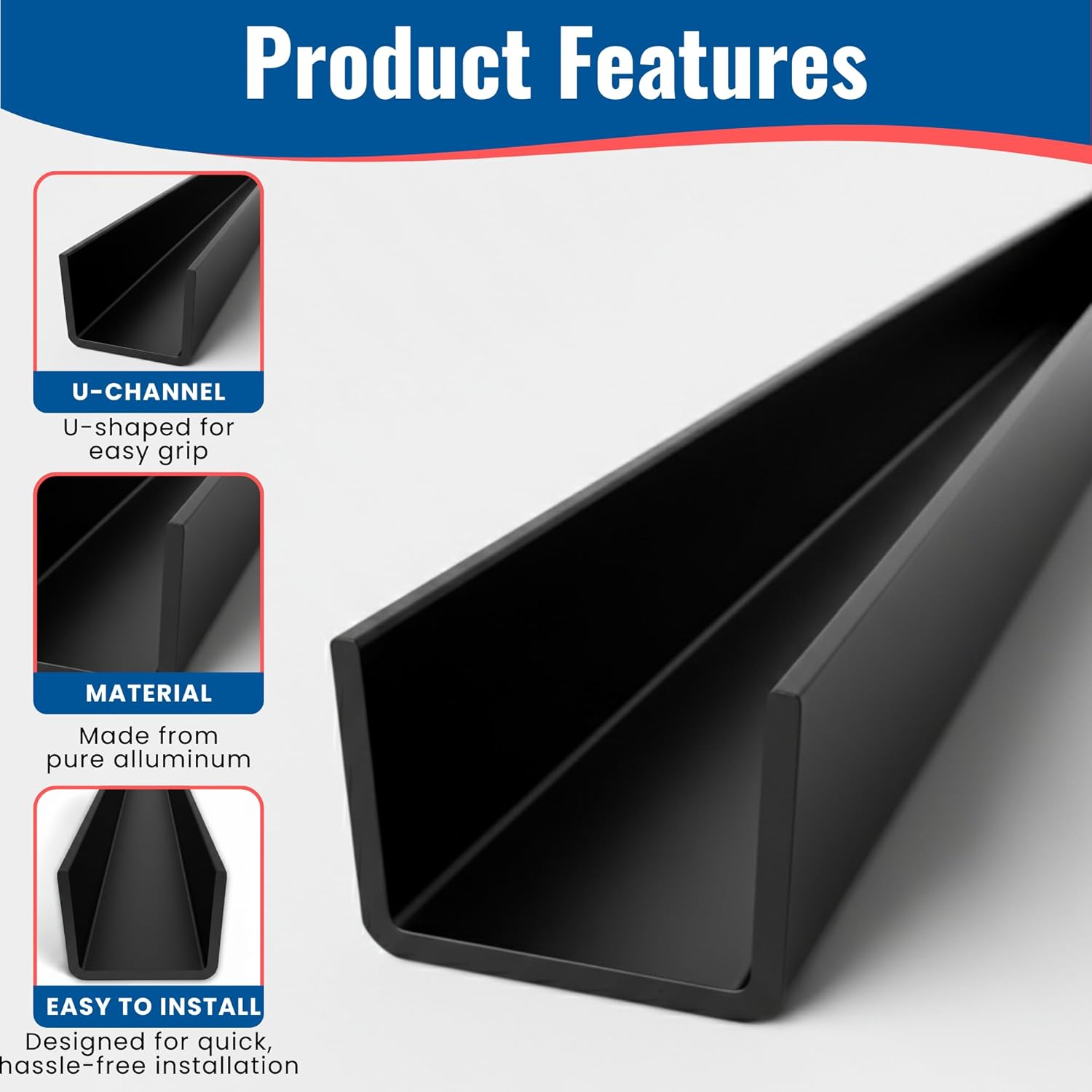 KC Hardware Aluminum Side U Channel Frame 5/8" Wide x 1/2" Tall for Sliding Screen Door, Weather Resistant Sliding Screen Patio Door Channel (Black, 72" (Pack of 2))