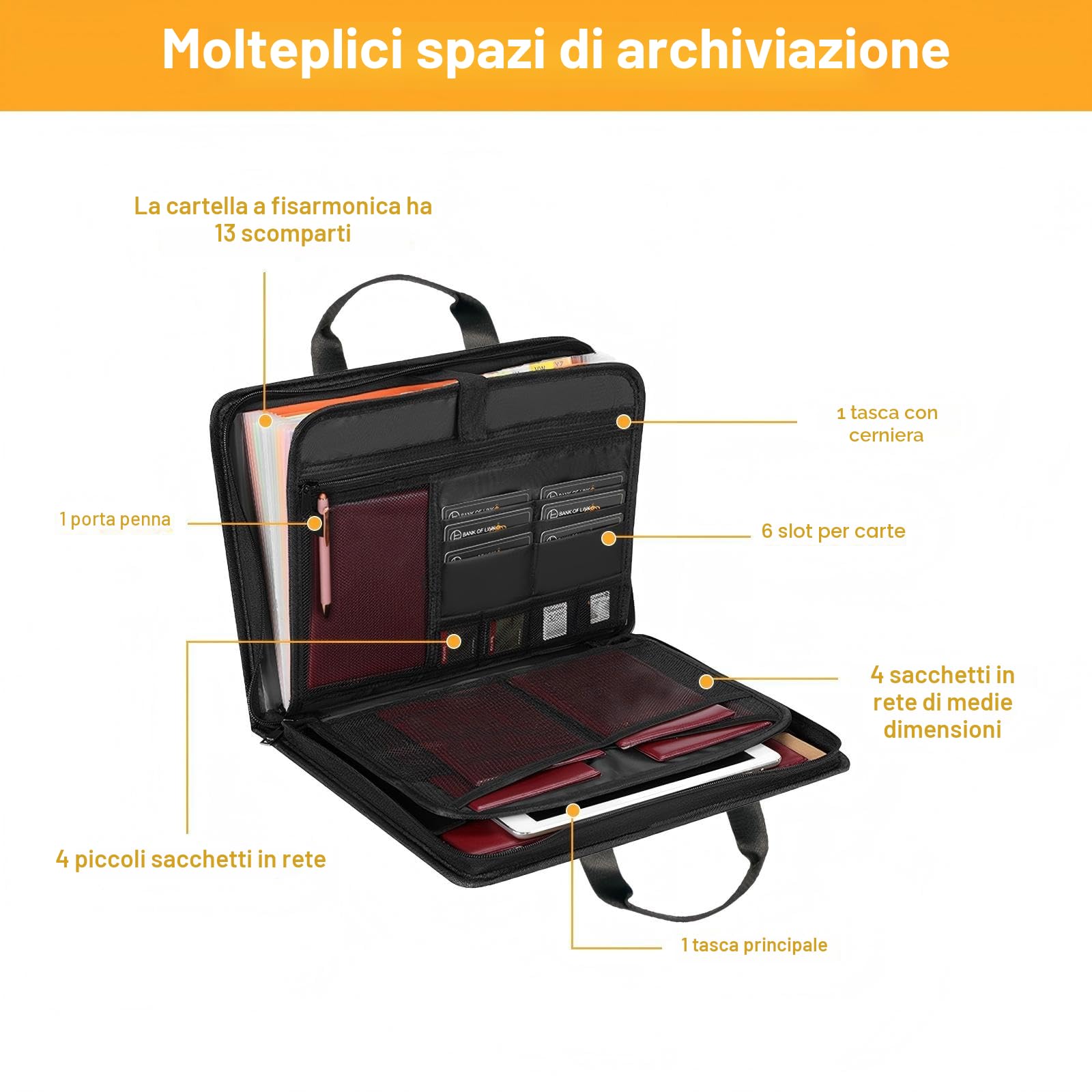Cartella Portadocumenti Ignifuga A4 con Manico, 13 Scomparti e Chiusura Lampo, Cartella Portadocumenti A4 Ignifuga e Impermeabile per Documenti Importanti, Passaporti, Ricevute, Nero 36,5×27×4 cm