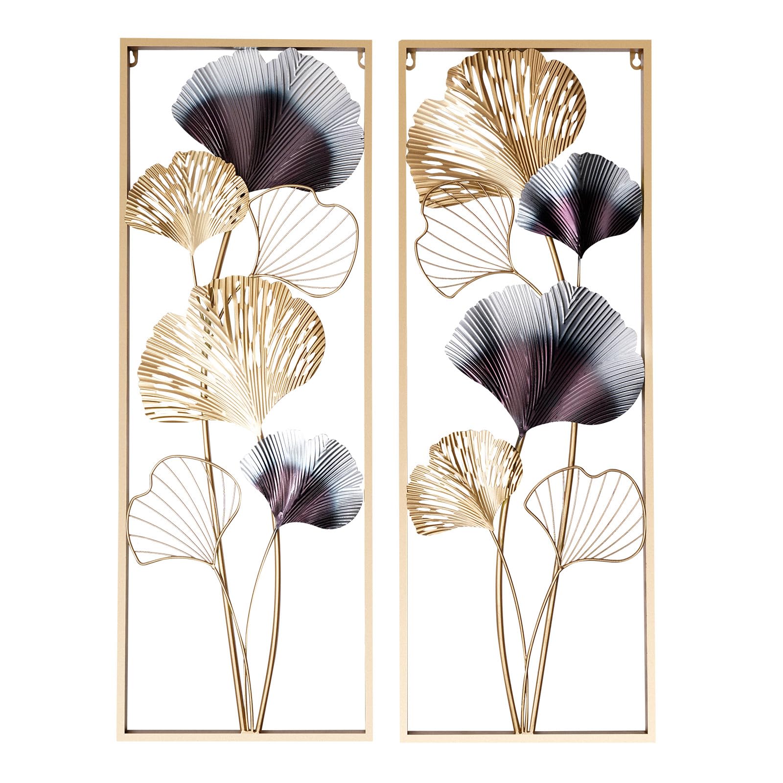 Wiyuer Decorazione da parete in metallo, foglie di ginkgo, scultura, decorazione da parete in metallo, 2 pezzi, 85 x 31 x 5 cm, oro 3D