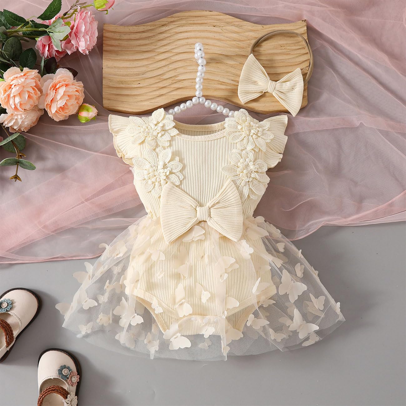 Vestito Tutina per Neonata, Abito in Tulle con Ricami 3D a Farfalle Senza Maniche con Volant + Set Cerchietto con Fiocco, Abbigliamento Estivo Autunno per Neonate, Beige/Rosa 0-18 Mesi