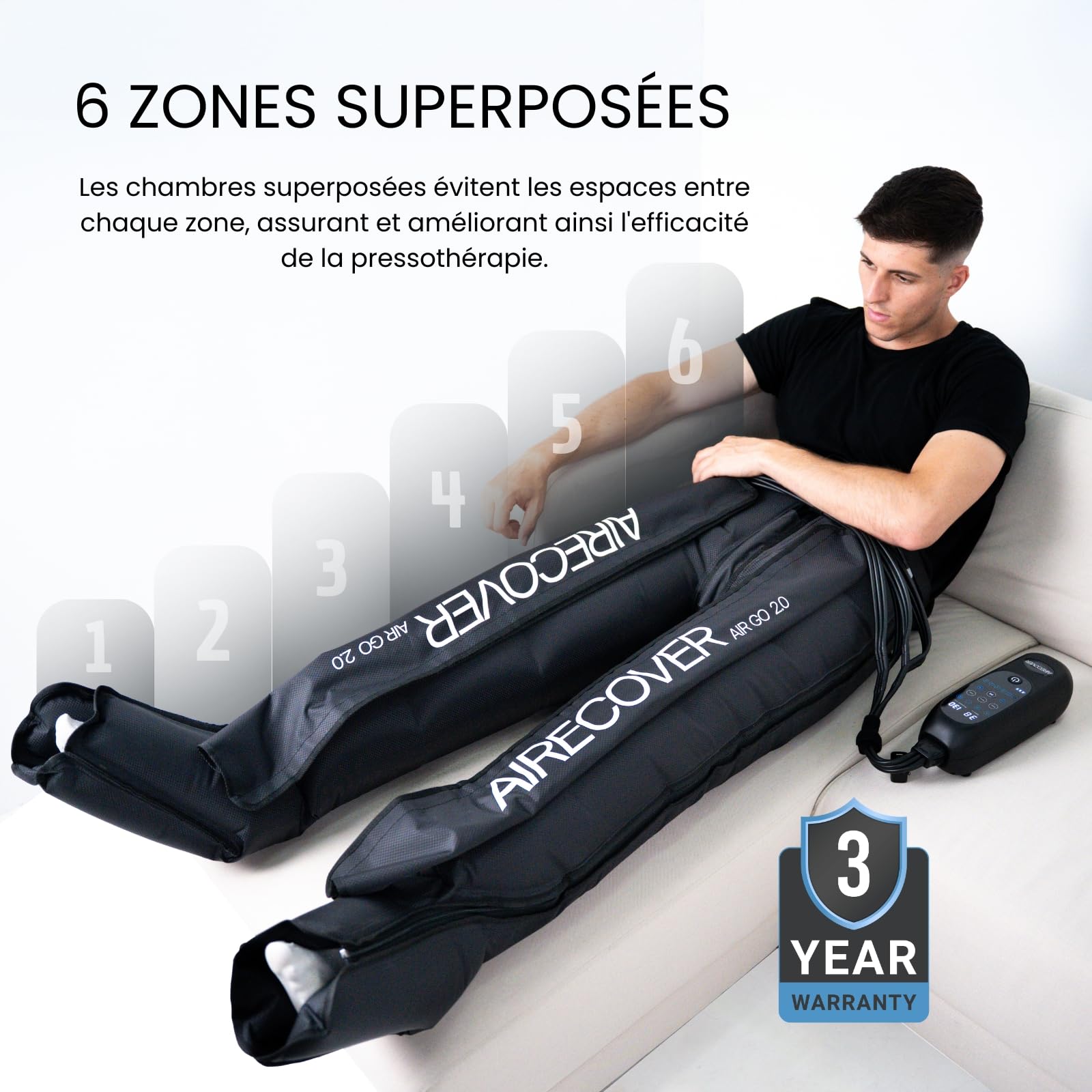 Pantalon Pressothérapie sans fil, Drainage Lymphatique, 6 chambres d’air, 30–250 mmHg, 4 modes, batterie 3h, pour douleurs et jambes fatiguées