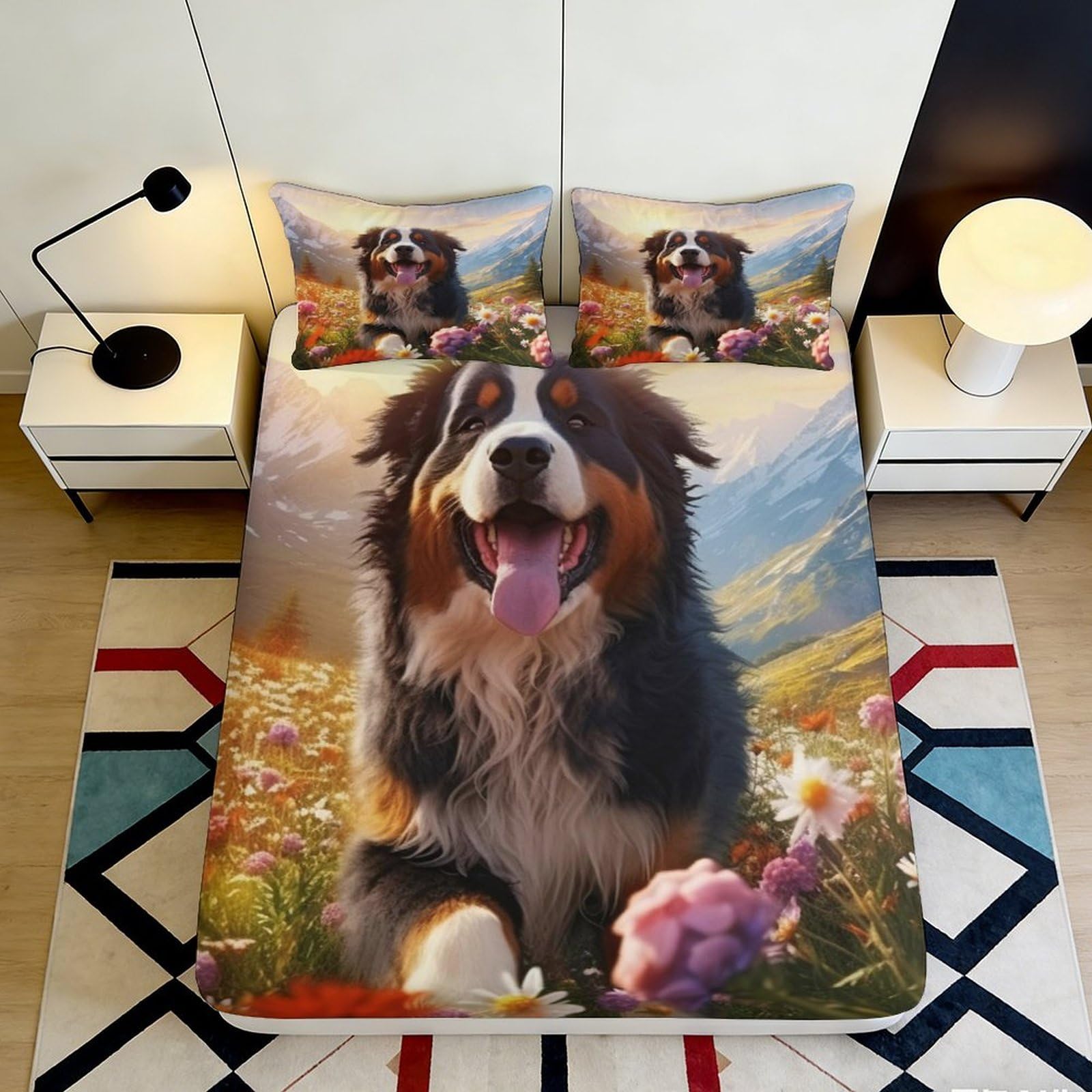 3D Printed Bernese Mountain Dog Fitted Sheet Microfiber Soft Breathable Meadow Flower Bed Sheet for Bedroom Decor 90x200x25cm