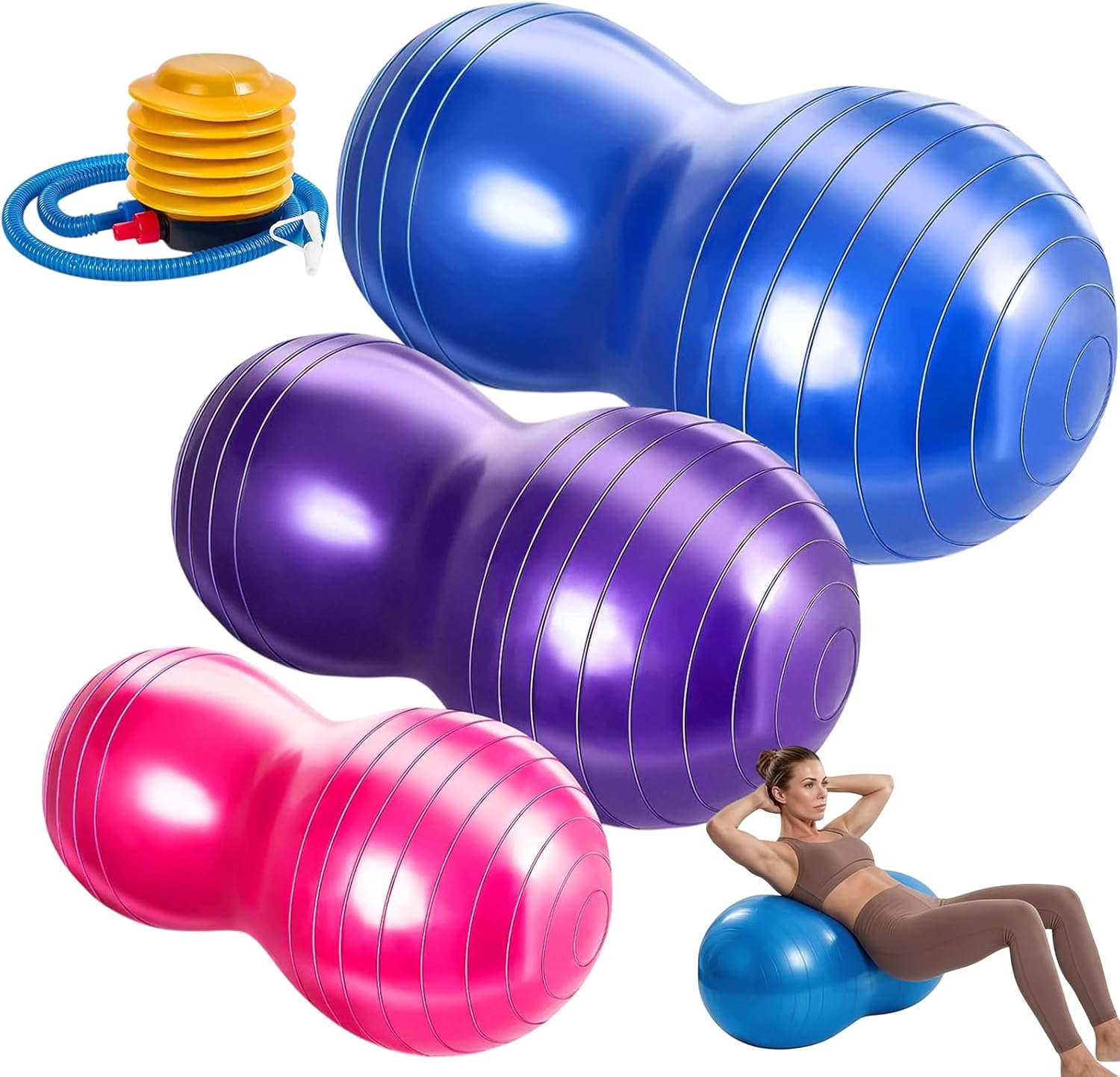 3 Pack Peanut Ball for Kids & Adults, Anti-Burst Exercise Ball, 20"/18"/12" | 3 -bPcs Anti - Burst Set, Yoga Balance Exercise Ball with Pump, Yoga Balance Exercise Ball for Pregnancy, Physical, Training