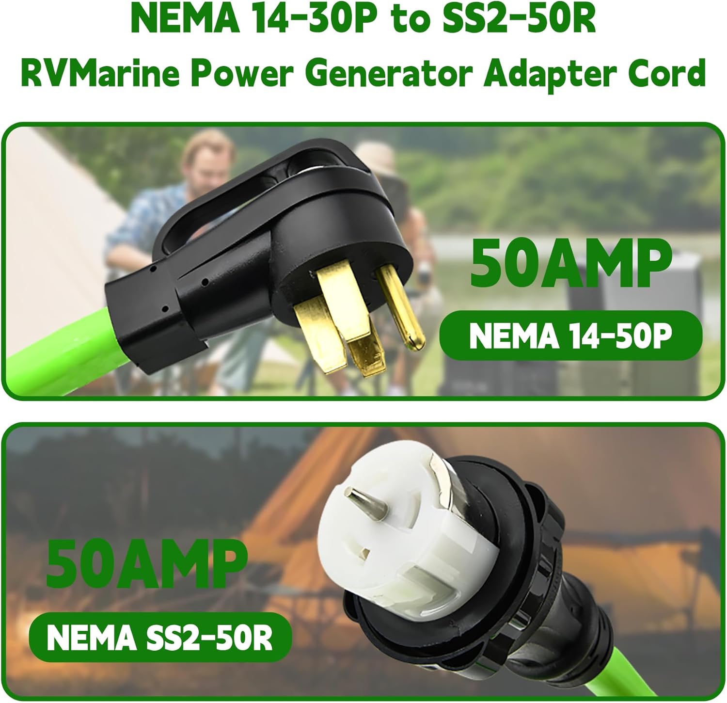 NEMA 14-50P to SS2-50R 15FT Generator Extension Cord 125/250V 50 Amp 14-50P Male Connector to SS2-50R Twist Lock Female RV Connector for RV EV Camper Generator