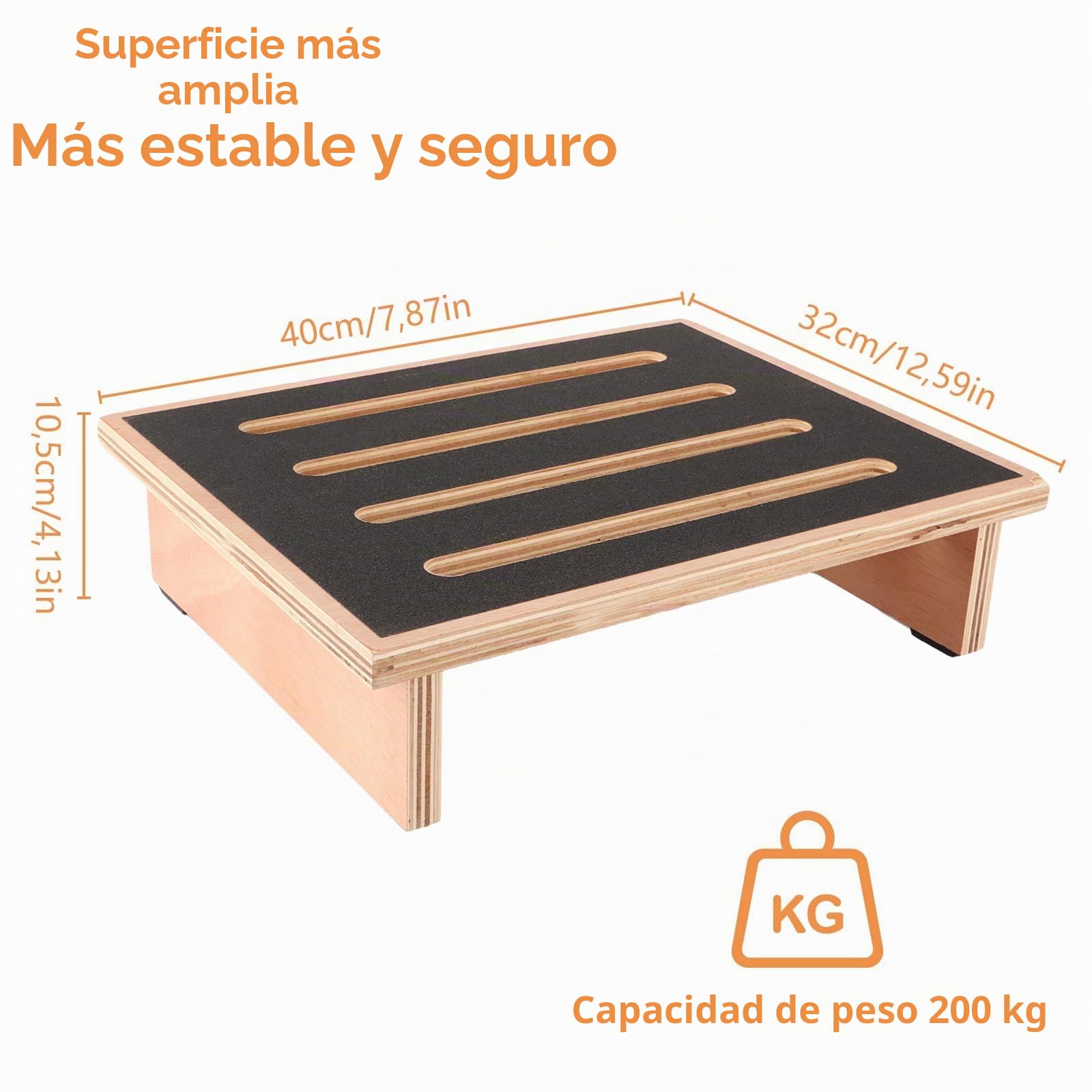 YAYODS Taburete de Paso de Madera (40x32x10,5cm), Escalón para Adultos y Ancianos Soporta hasta 200kg, Peldaño con Superficie de Goma Antideslizante para Cocina, Baño y Acceso al Coche
