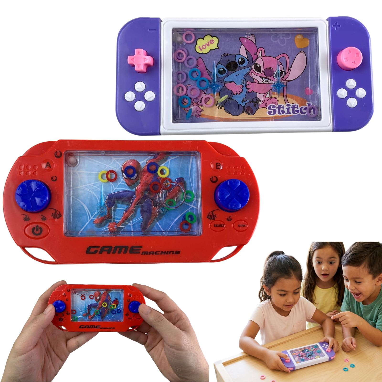 Spiderman & Stitch Water Ring Game 2Pcs for Kids 3+, Licensed Handheld Travel Toy Set, Retro Push-Button Sensory Play, Quiet Screen-Free Party Bag Filler — image 1