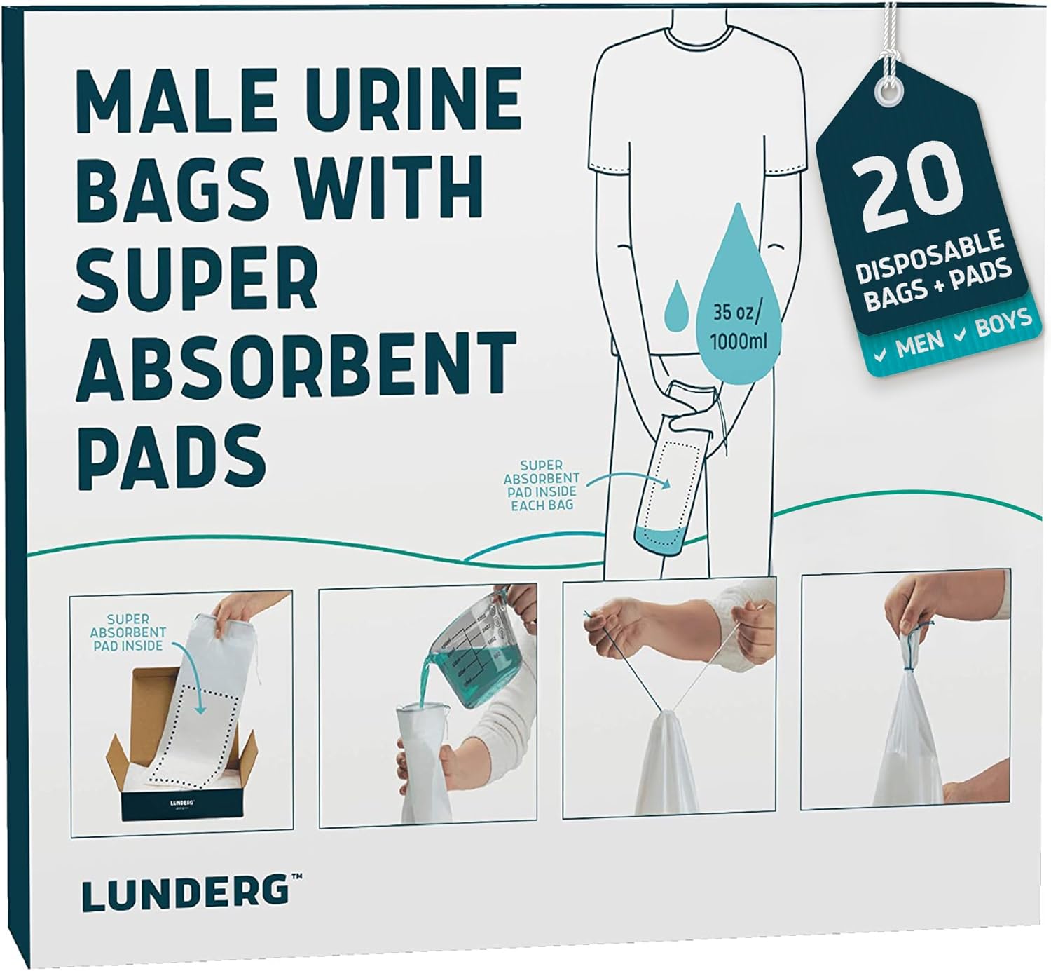 Lunderg Disposable Urine Bags for Men with Super Absorbent Pad - Value Pack 40 Count - Disposable & Portable - For travel, Car Pee Bag or Pocket Toilet for Emergency & Camping. Help Yourself Anywhere!
