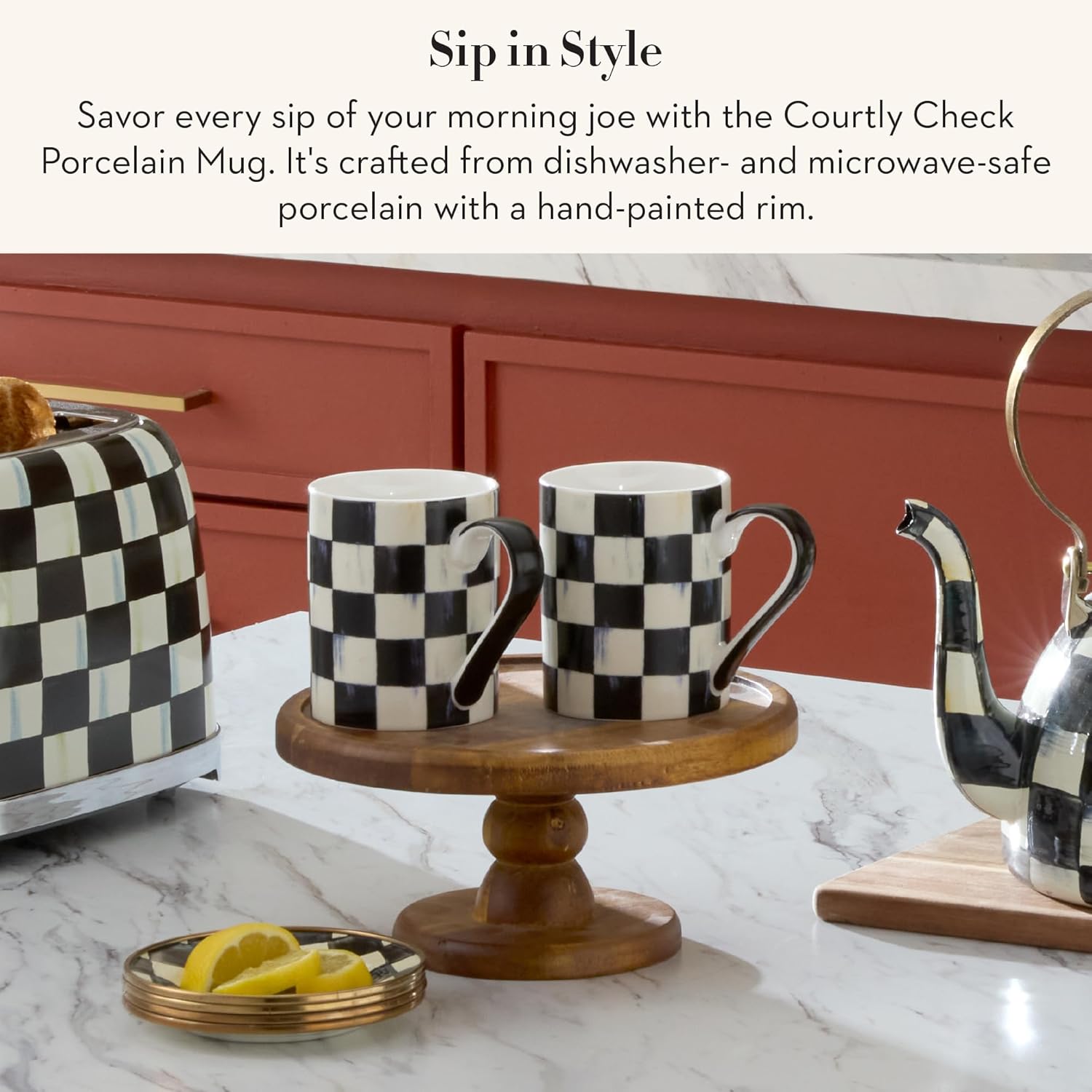 MACKENZIE-CHILDS Porcelain Mug, Tea and Coffee Mug, Black-and-White Courtly Check - Image 2