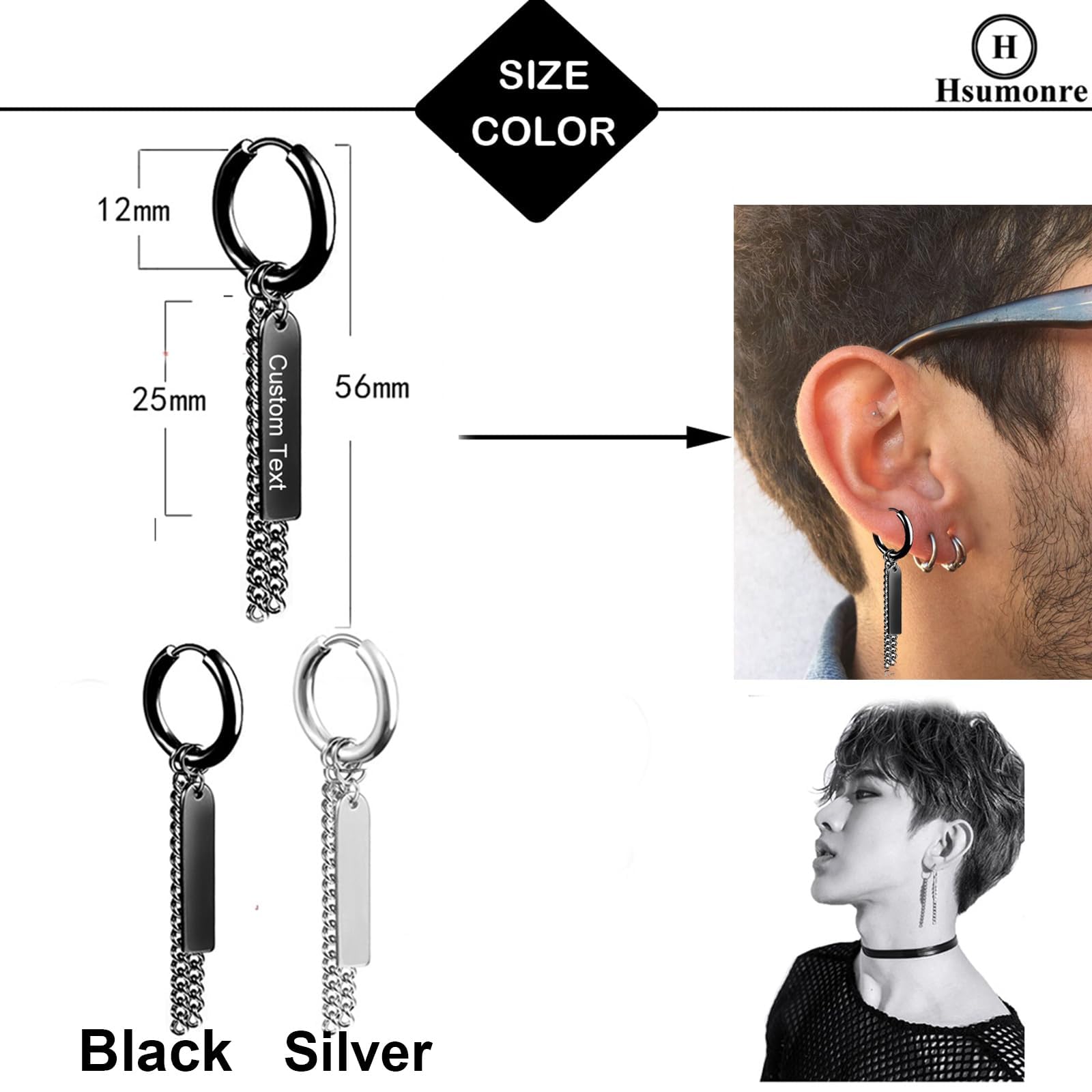 Boucles d’oreilles personnalisables Bar Punk Hoop Unisexe avec plumes Cross Circle Tassels Ear Clips Piercing Earrings Bijoux Acier inoxydable Argent Noir pour Hommes Femmes 12mm Dia