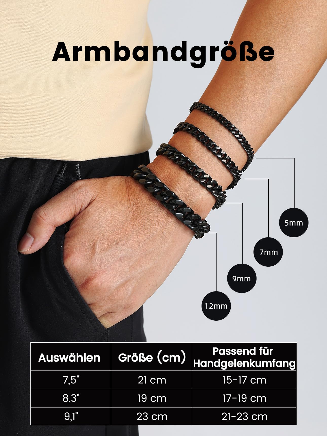 Bestyle Herren Armband 7mm breit Edelstahl Panzerkette Armkette schwer Glieder Link Kettenarmband Armreif Länge 23cm Schwarz