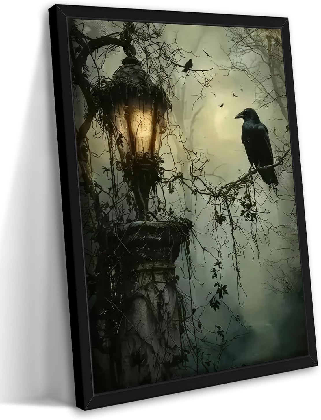 Gothic Decor Framed Wall Art, Vintage Dark Academia Canvas Prints, Horror Forest Crow Wall Decor for Living Room Bedroom Home Decor – Black Wooden Frame 16x24in
