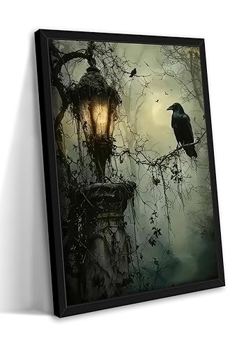 Gothic Decor Framed Wall Art, Vintage Dark Academia Canvas Prints, Horror Forest Crow Wall Decor for Living Room Bedroom Home Decor – Black Wooden Frame 12x16in - Crow - Framed - 16"L x 12"W